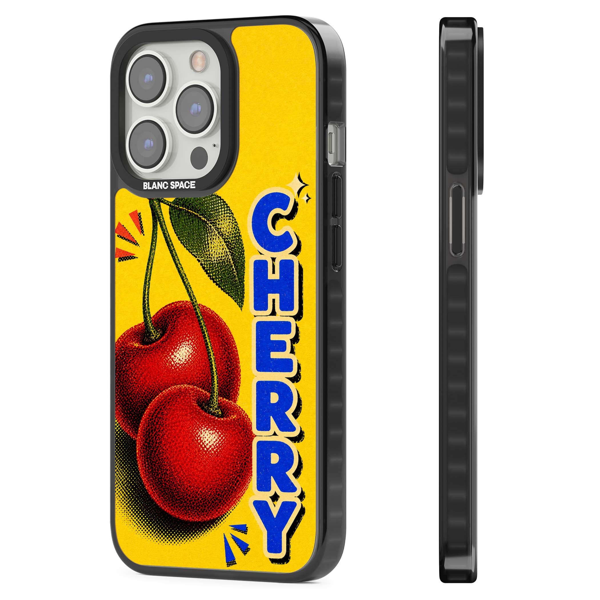 Cherry Yellow y2k iPhone case featuring two red cherries, halftone shading and bold blue CHERRY lettering on yellow | Black Impact case for iPhone 13 Pro, iPhone 14 Pro, iPhone 15 Pro