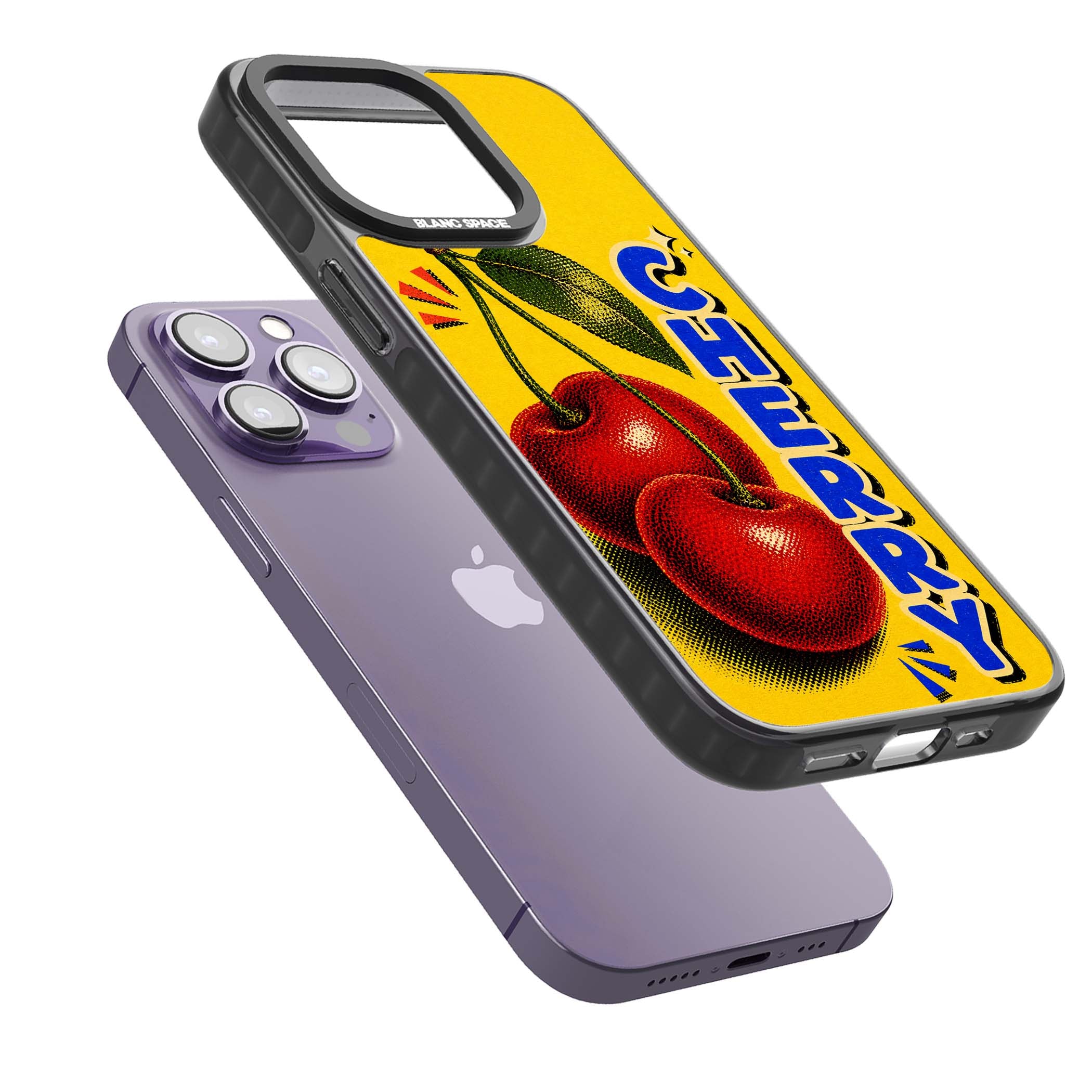 Cherry Yellow y2k iPhone case featuring two red cherries, halftone shading and bold blue CHERRY lettering on yellow | Black Impact case for iPhone 13 Pro, iPhone 14 Pro, iPhone 15 Pro