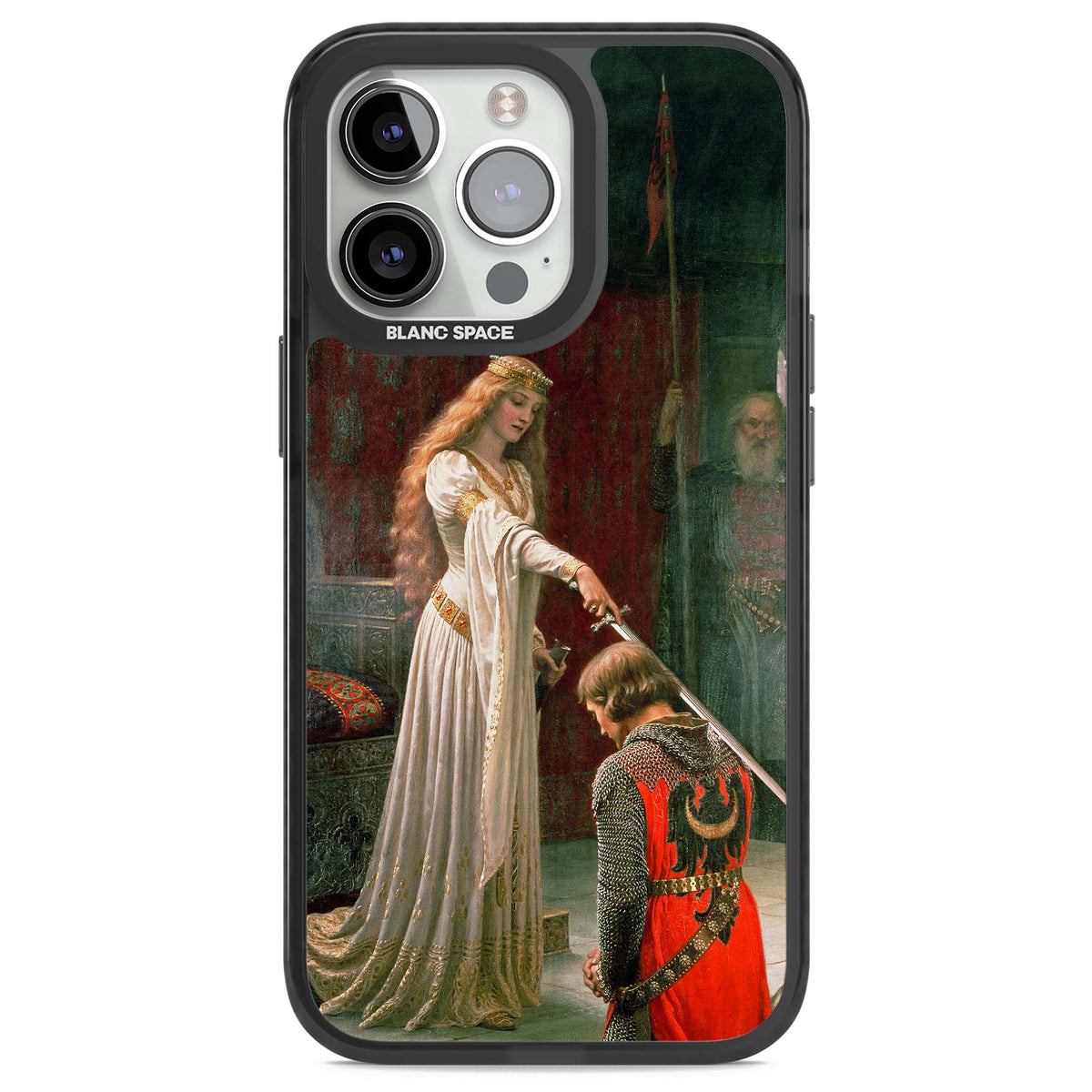 The Accolade renaissance art iPhone case featuring Edmund Blair Leighton's painting of a queen knighting a kneeling knight | Black Impact case for iPhone 13 Pro, iPhone 14 Pro, iPhone 15 Pro