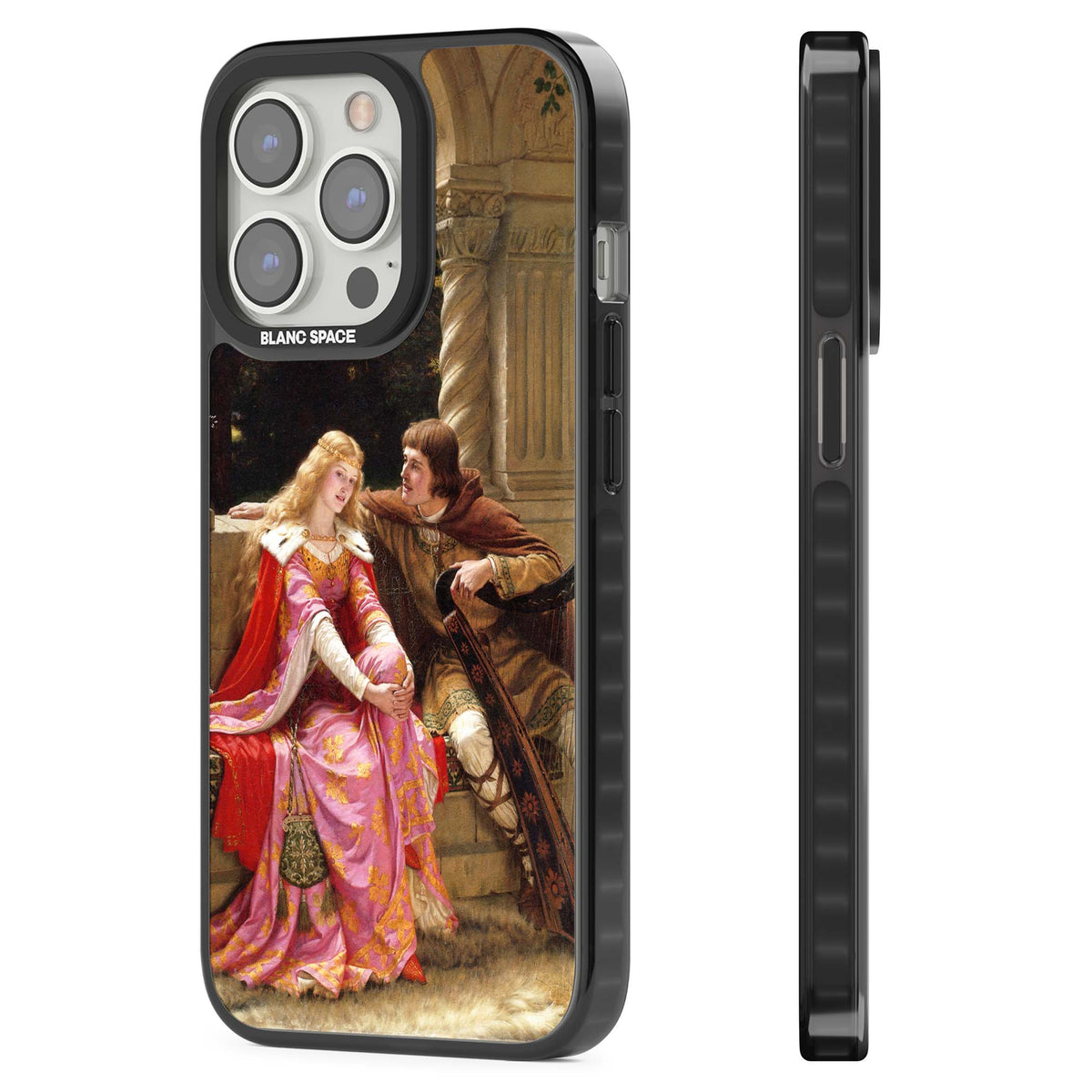 The End of the Song classic art iPhone case featuring a medieval lady in pink gown and her knight in a stone archway | Black Impact case for iPhone 13 Pro, iPhone 14 Pro, iPhone 15 Pro