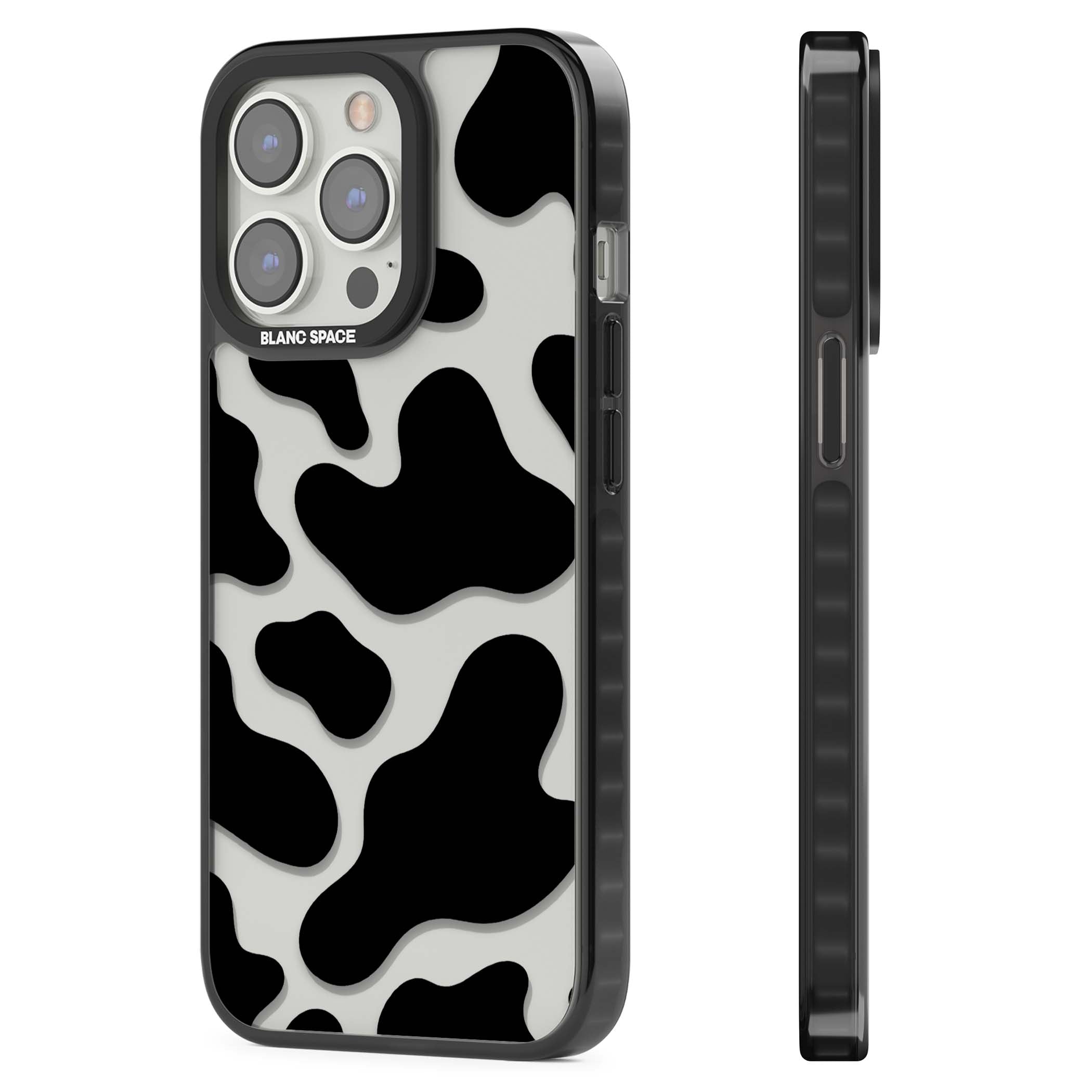 Clear Cow Print cow print iPhone case featuring black and white cow pattern splotches on a clear background | Black Impact case for iPhone 13 Pro, iPhone 14 Pro, iPhone 15 Pro