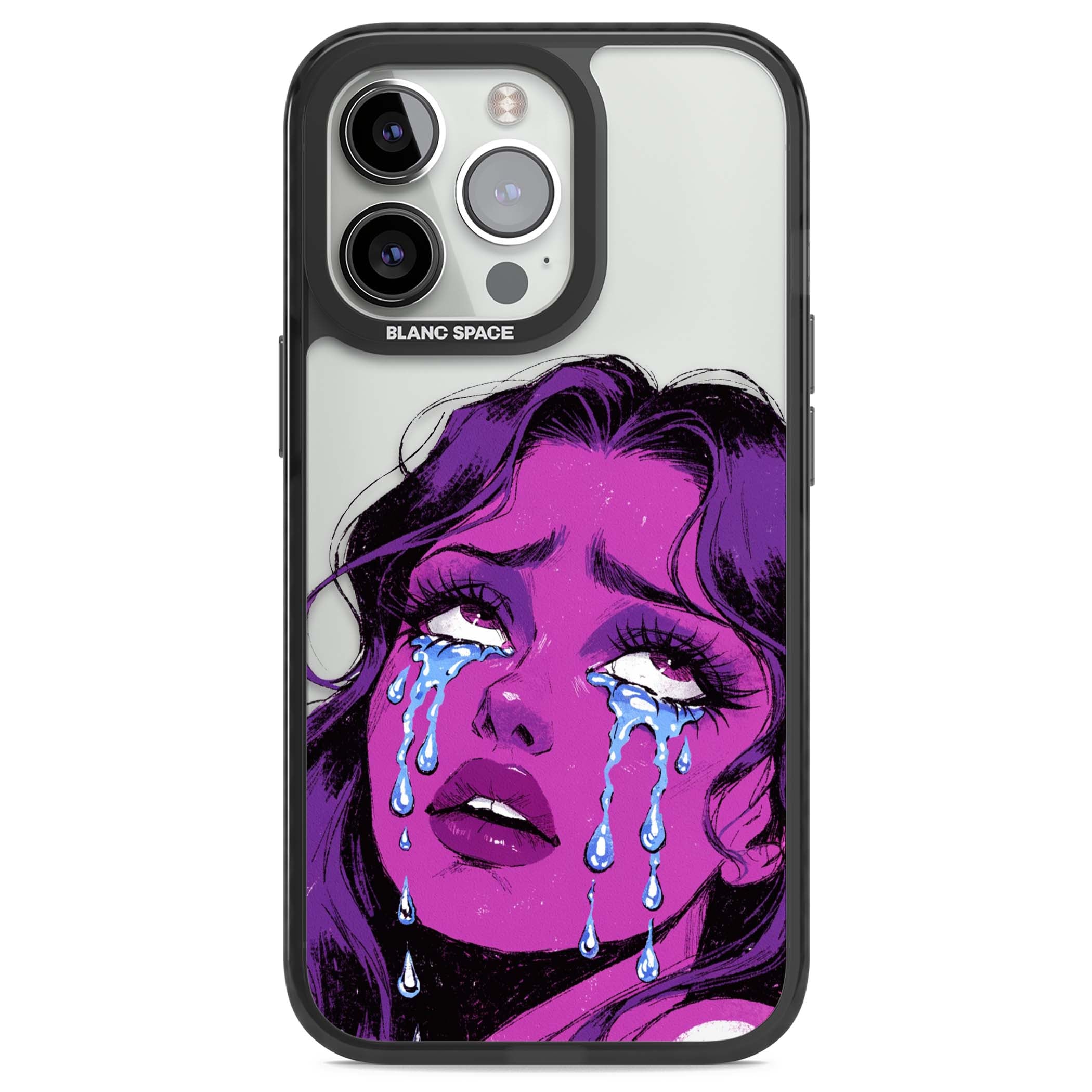 Drama Queen pop art iPhone case featuring a purple crying comic girl with blue tears | Black Impact case for iPhone 13 Pro, iPhone 14 Pro, iPhone 15 Pro