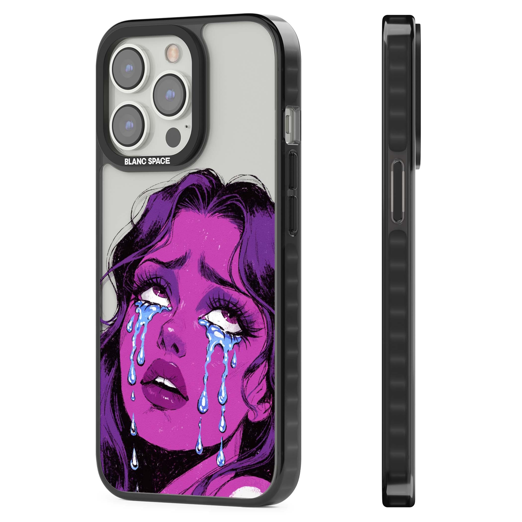 Drama Queen pop art iPhone case featuring a purple crying comic girl with blue tears | Black Impact case for iPhone 13 Pro, iPhone 14 Pro, iPhone 15 Pro