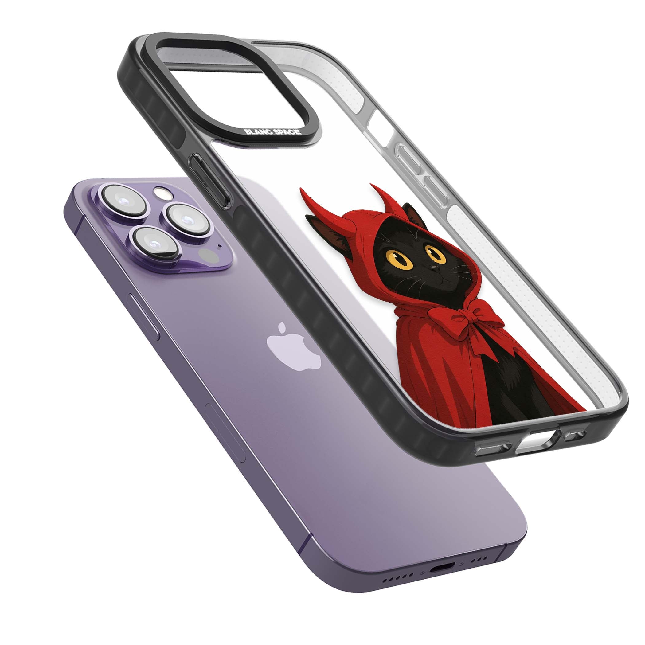 Little Devil halloween iPhone case featuring a black cat in a red hooded devil cloak with horns and golden eyes | Black Impact case for iPhone 13 Pro, iPhone 14 Pro, iPhone 15 Pro