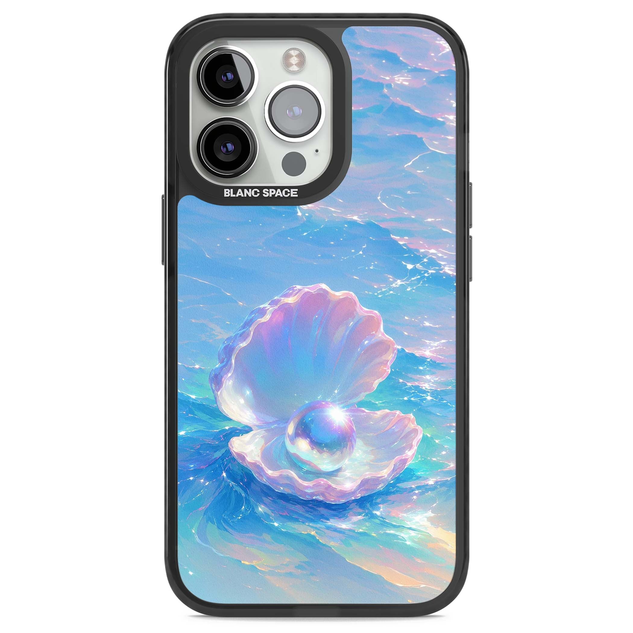 The Pearl Clam mermaidcore iPhone case featuring iridescent seashell, glowing pearl and pastel ocean waves | Black Impact case for iPhone 13 Pro, iPhone 14 Pro, iPhone 15 Pro