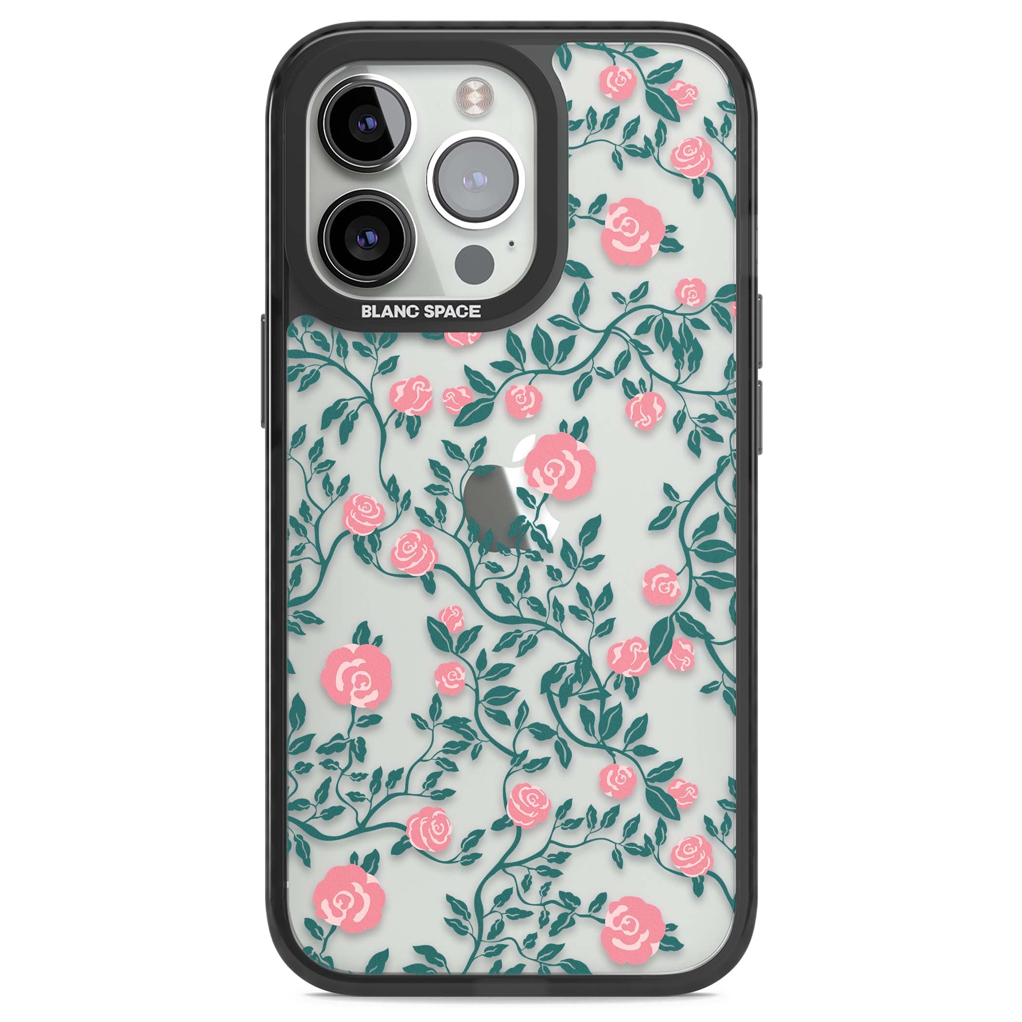 Rose Trellis (Clear) cottagecore iPhone case featuring pink climbing roses and green leaves on clear background | Black Impact case for iPhone 13 Pro, iPhone 14 Pro, iPhone 15 Pro