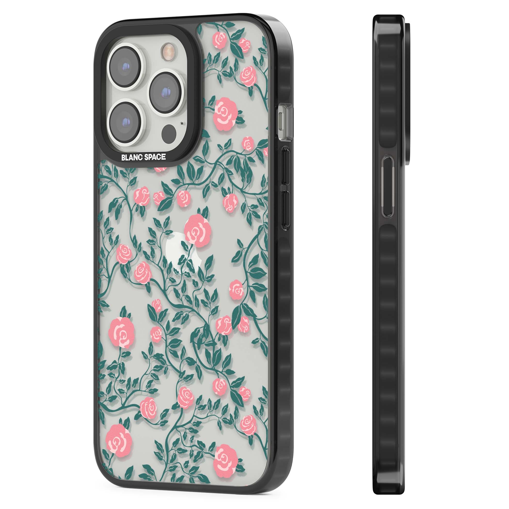 Rose Trellis (Clear) cottagecore iPhone case featuring pink climbing roses and green leaves on clear background | Black Impact case for iPhone 13 Pro, iPhone 14 Pro, iPhone 15 Pro