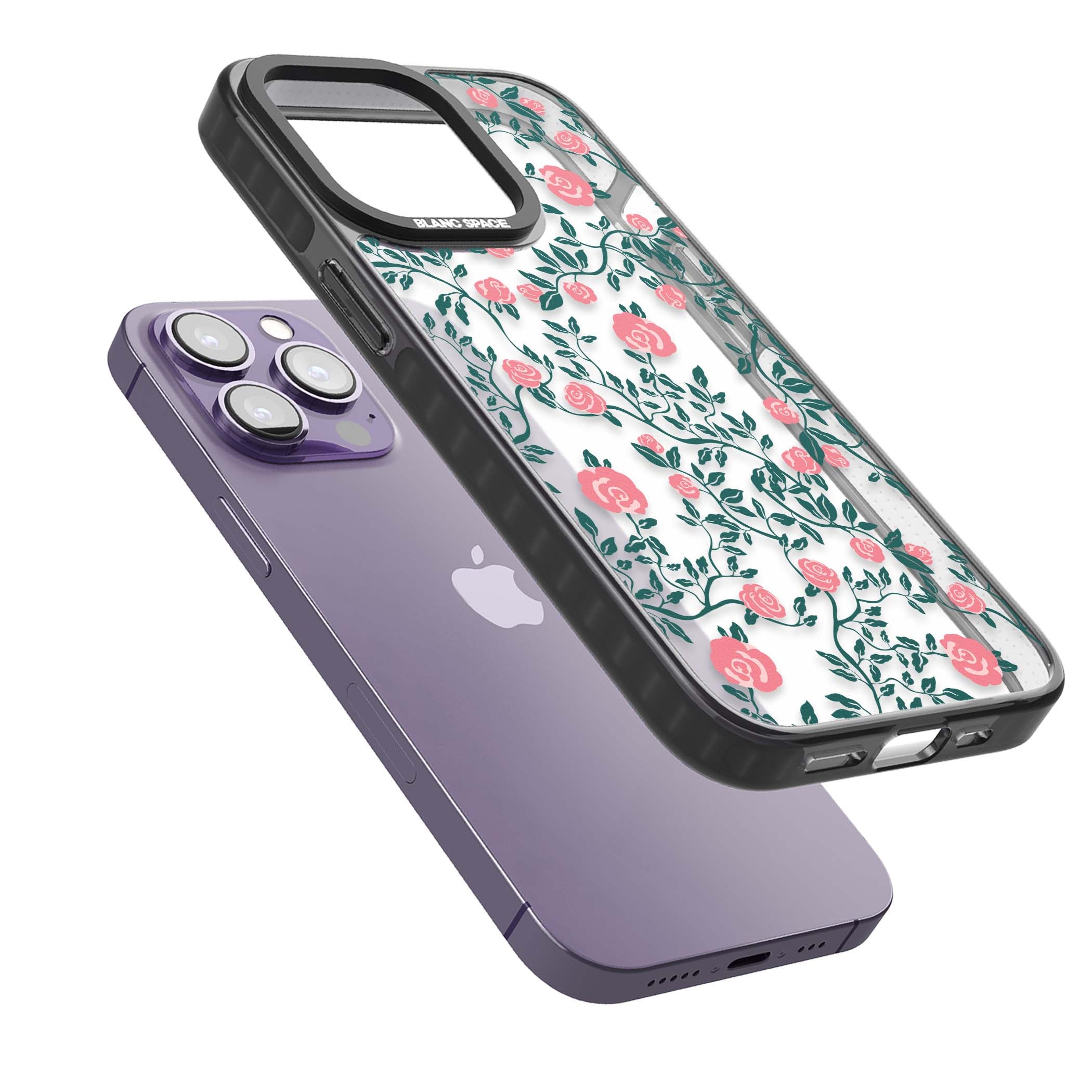 Rose Trellis (Clear) cottagecore iPhone case featuring pink climbing roses and green leaves on clear background | Black Impact case for iPhone 13 Pro, iPhone 14 Pro, iPhone 15 Pro