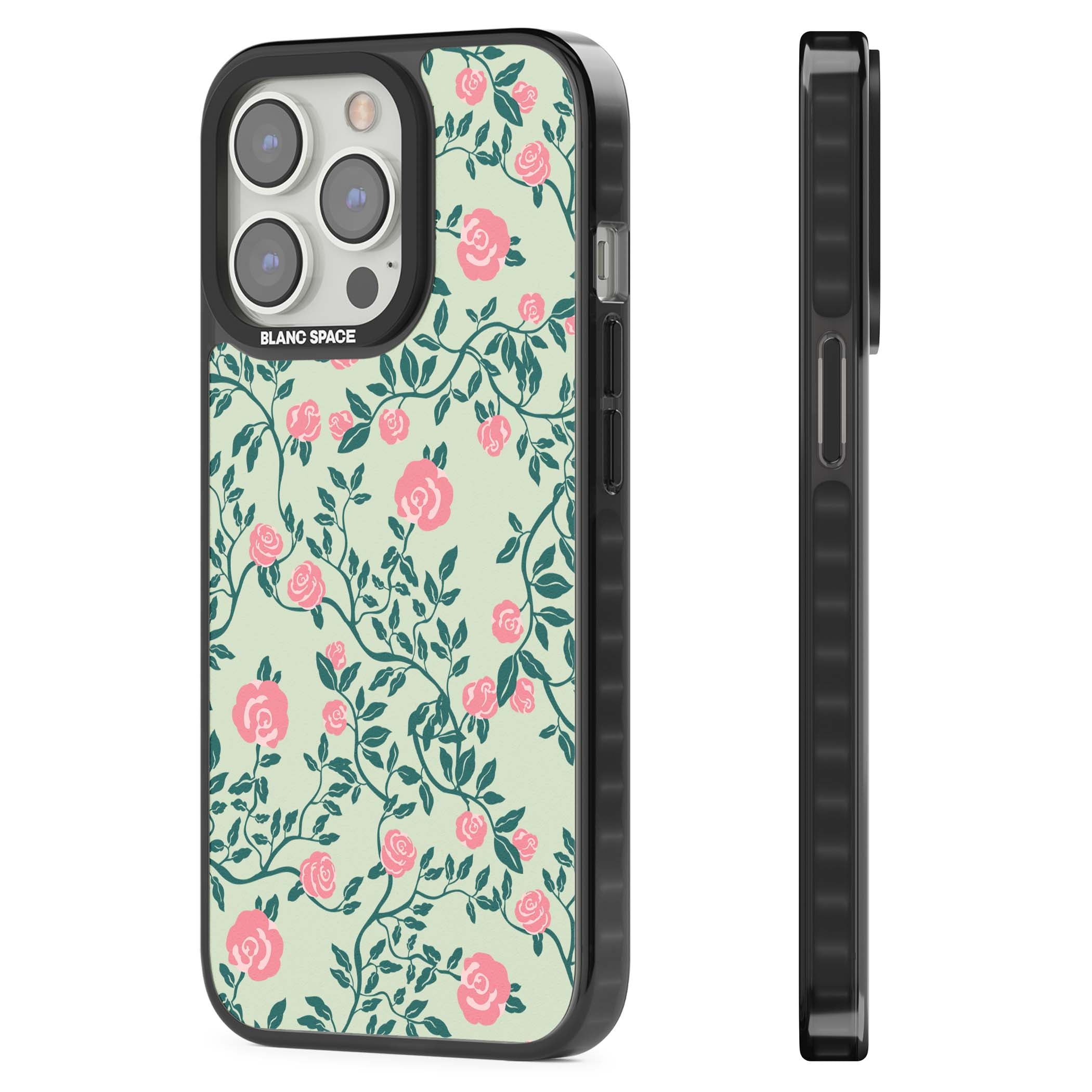 Rose Trellis cottagecore iPhone case featuring pink roses, sage green vines, and mint background | Black Impact case for iPhone 13 Pro, iPhone 14 Pro, iPhone 15 Pro