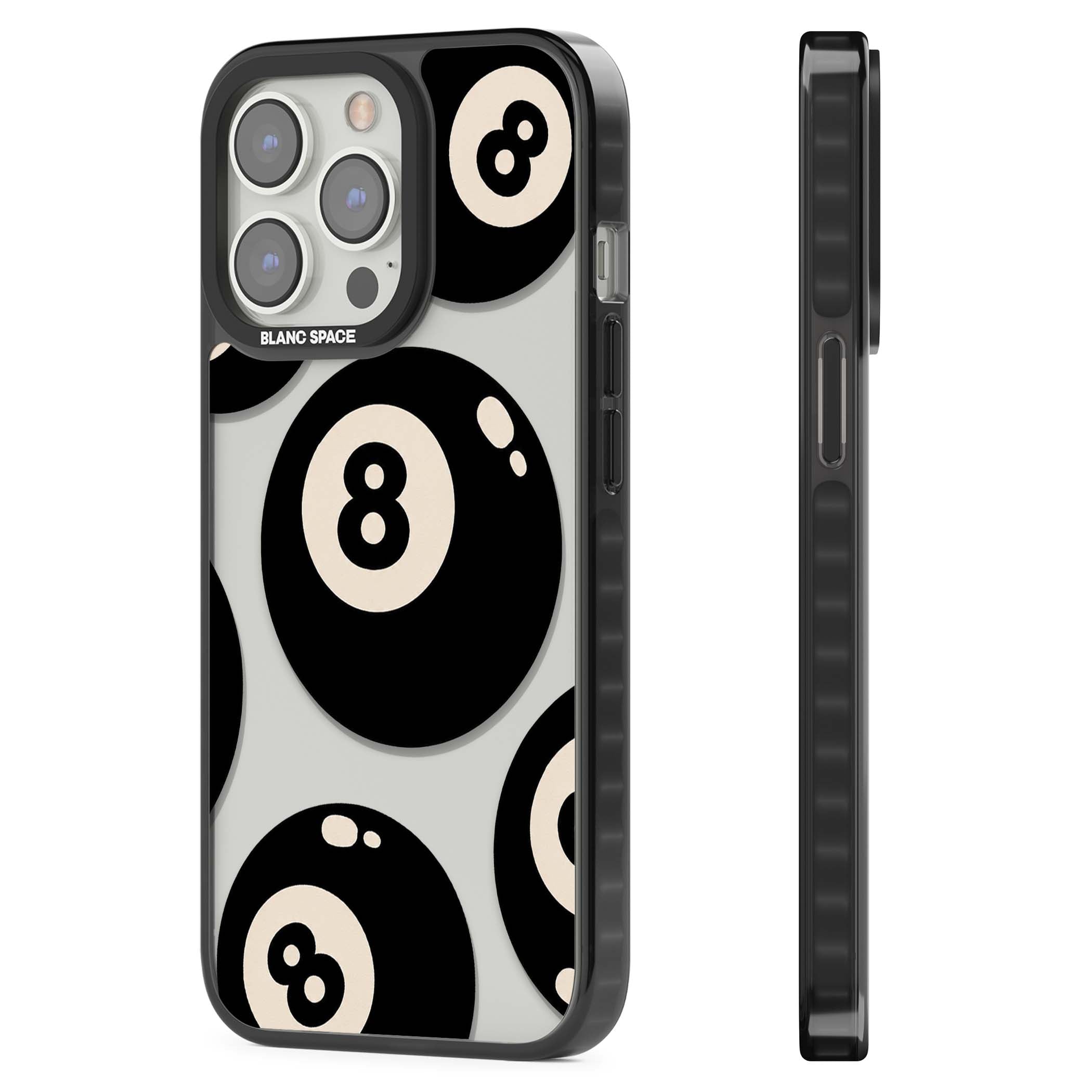 Eights y2k iPhone case featuring scattered black 8 balls with cream highlights on a clear background | Black Impact case for iPhone 13 Pro, iPhone 14 Pro, iPhone 15 Pro