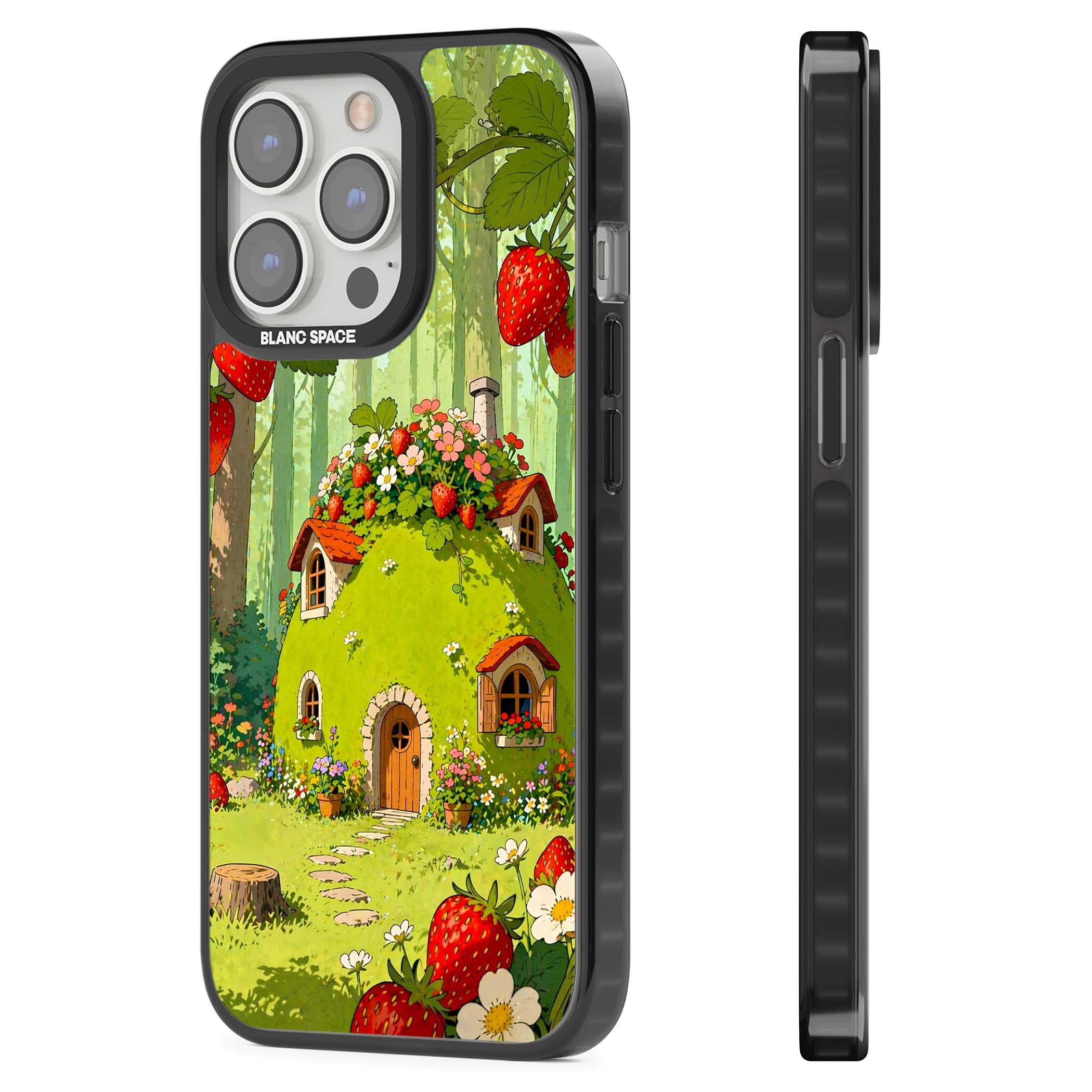 Strawberry Cottage cottagecore iPhone case featuring a green fairy house, wild strawberries and enchanted forest flowers | Black Impact case for iPhone 13 Pro, iPhone 14 Pro, iPhone 15 Pro