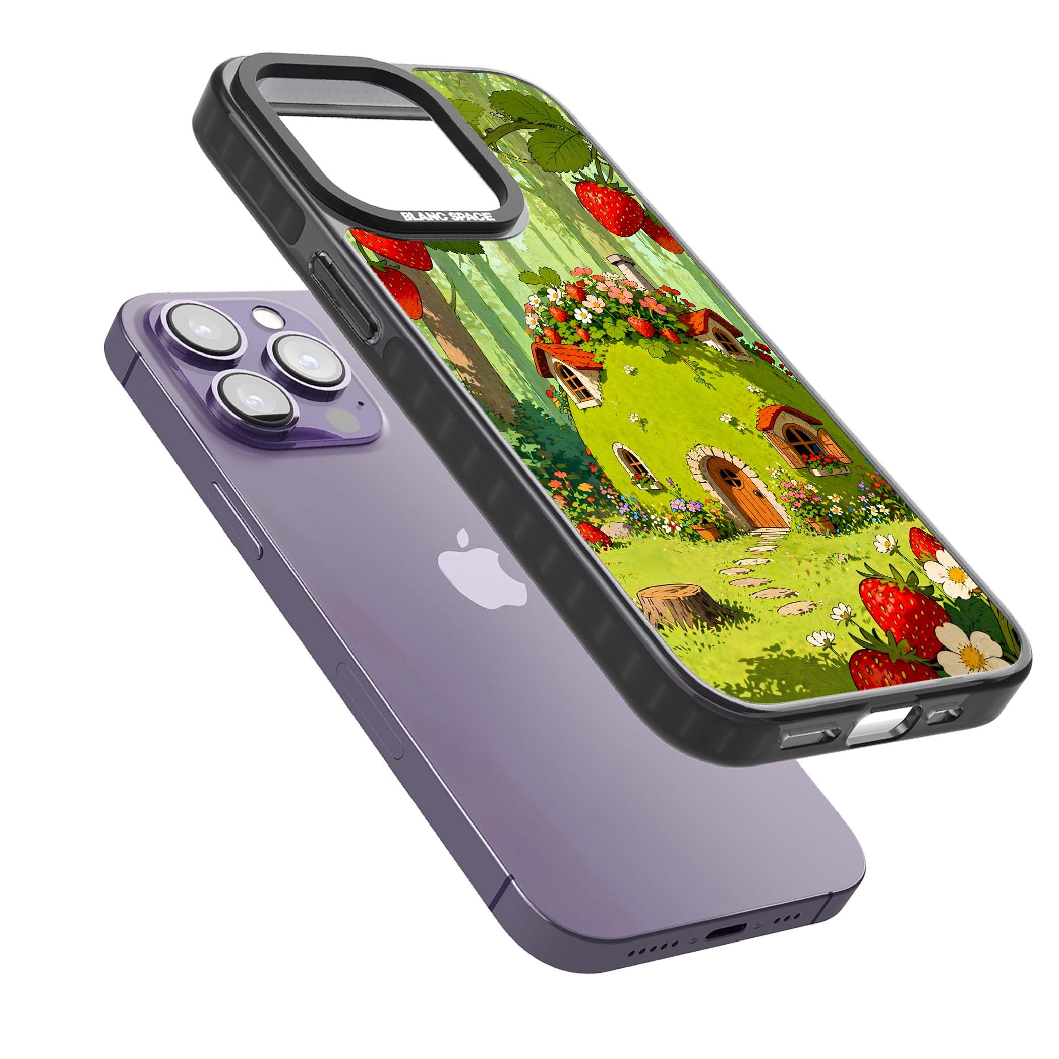 Strawberry Cottage cottagecore iPhone case featuring a green fairy house, wild strawberries and enchanted forest flowers | Black Impact case for iPhone 13 Pro, iPhone 14 Pro, iPhone 15 Pro