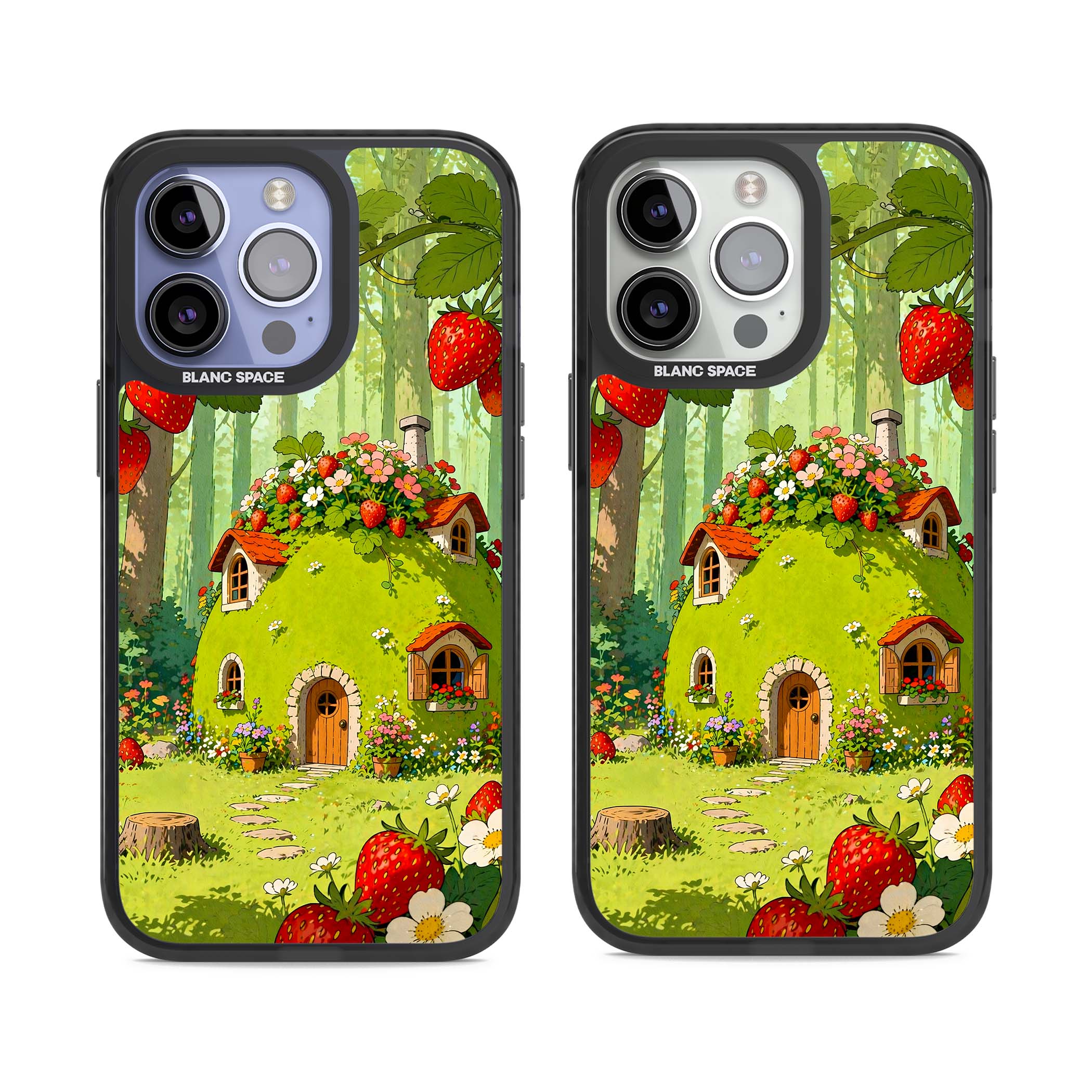 Strawberry Cottage cottagecore iPhone case featuring a green fairy house, wild strawberries and enchanted forest flowers | Black Impact case for iPhone 13 Pro, iPhone 14 Pro, iPhone 15 Pro