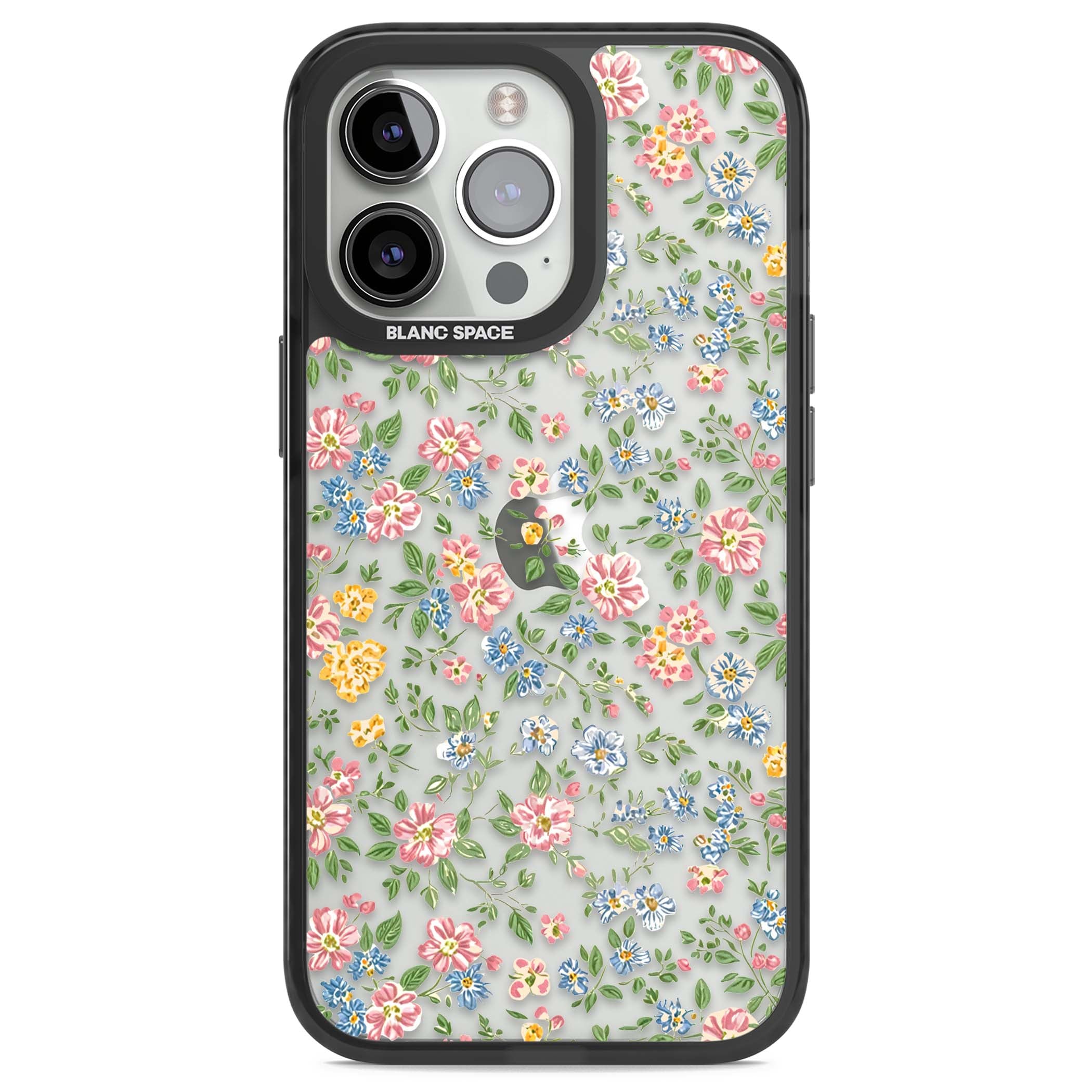 Soft Meadow cottagecore iPhone case featuring pink cosmos, blue forget-me-nots, yellow buttercups and green leaves sca | Black Impact case for iPhone 13 Pro, iPhone 14 Pro, iPhone 15 Pro