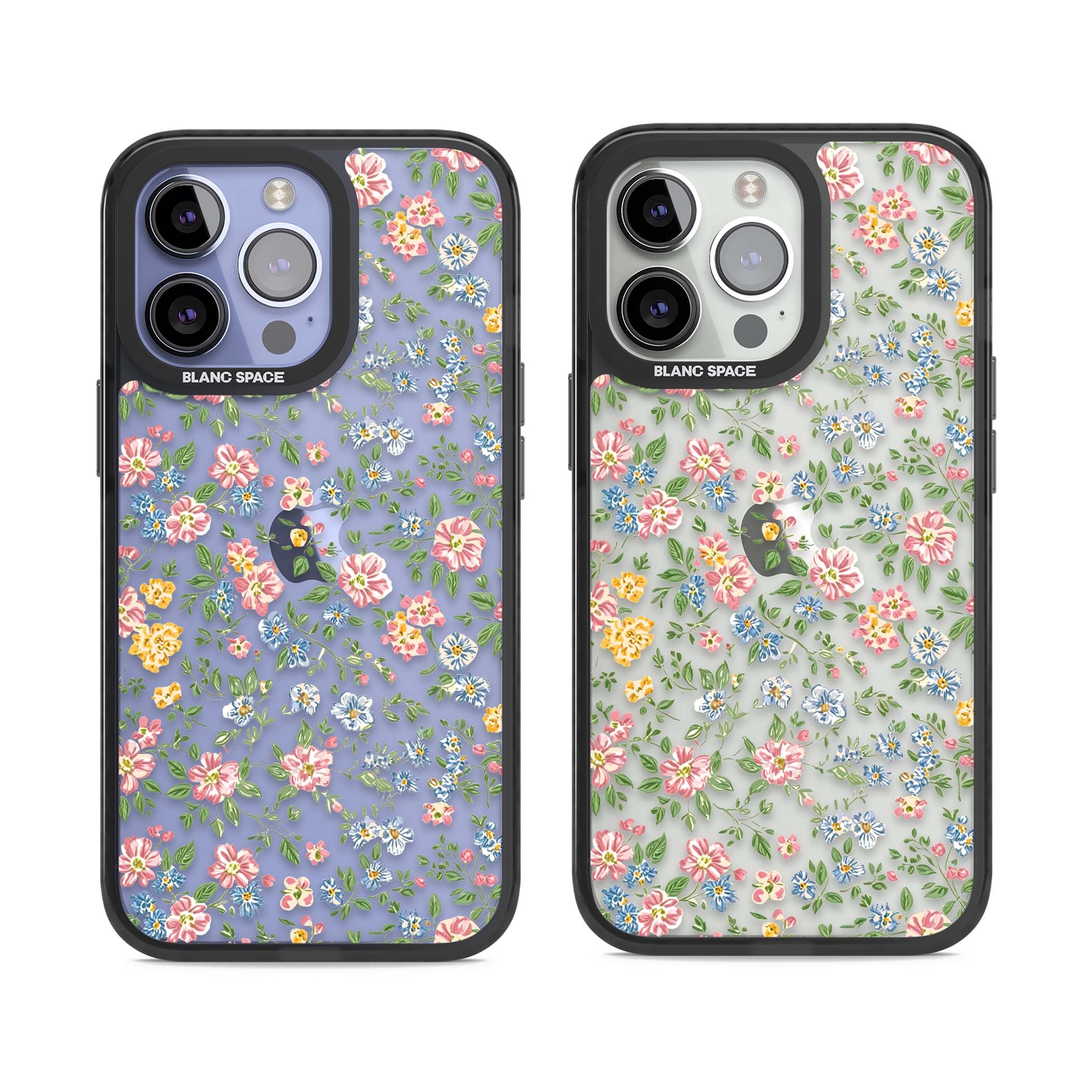 Soft Meadow cottagecore iPhone case featuring pink cosmos, blue forget-me-nots, yellow buttercups and green leaves sca | Black Impact case for iPhone 13 Pro, iPhone 14 Pro, iPhone 15 Pro