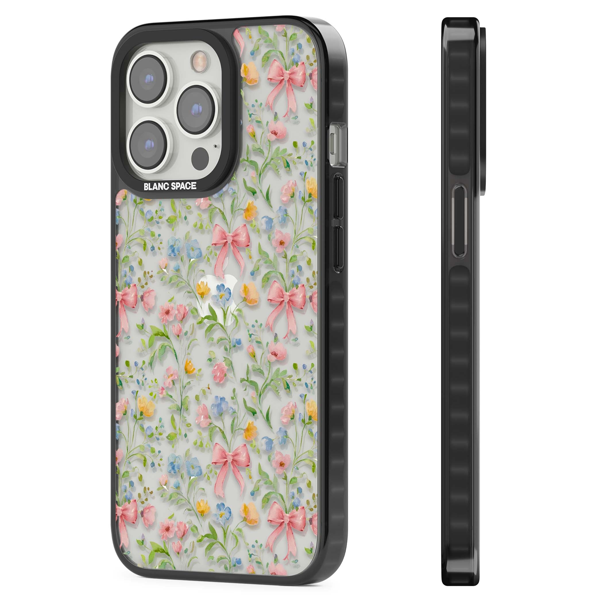 Ribbons & Wildflowers cottagecore iPhone case featuring watercolor wildflowers, pink satin bows, and delicate spring blooms o | Black Impact case for iPhone 13 Pro, iPhone 14 Pro, iPhone 15 Pro