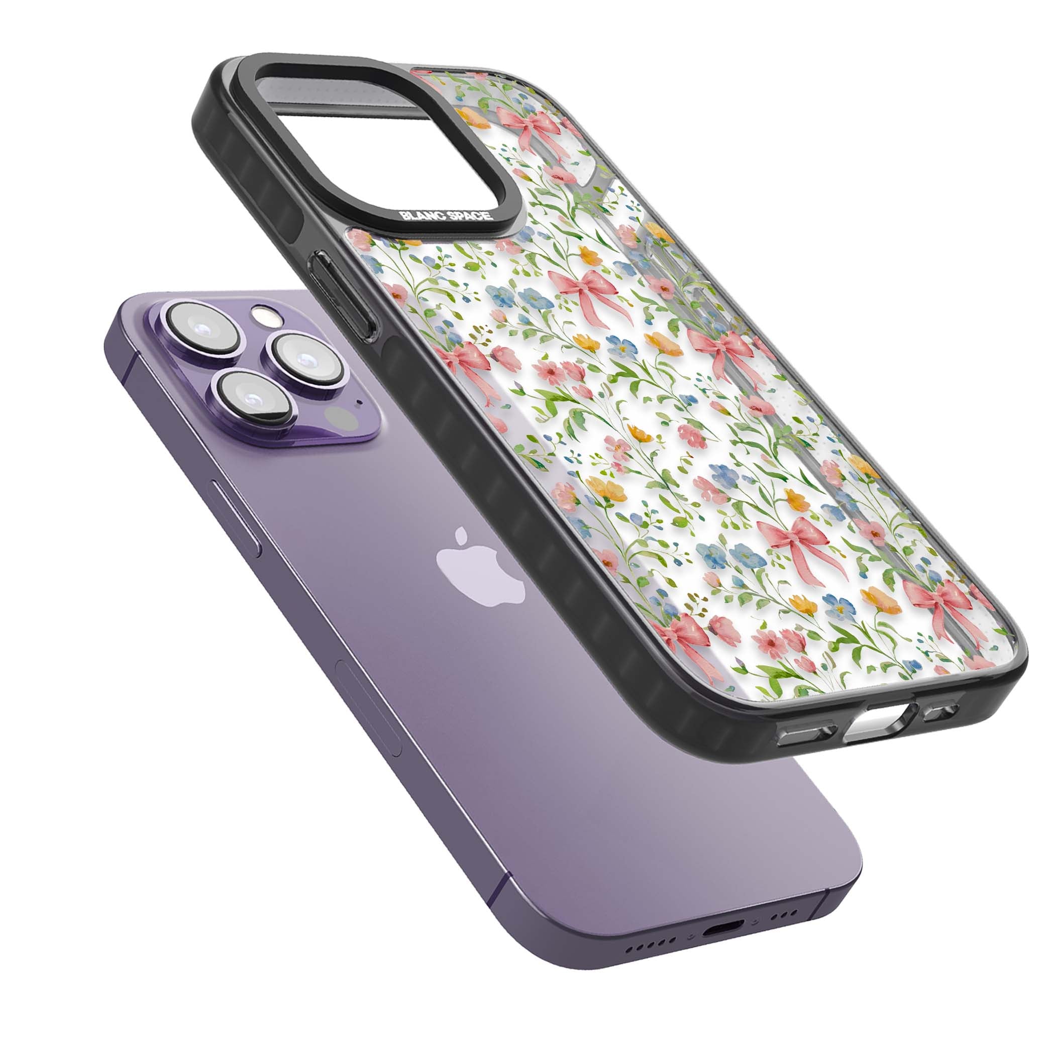 Ribbons & Wildflowers cottagecore iPhone case featuring watercolor wildflowers, pink satin bows, and delicate spring blooms o | Black Impact case for iPhone 13 Pro, iPhone 14 Pro, iPhone 15 Pro