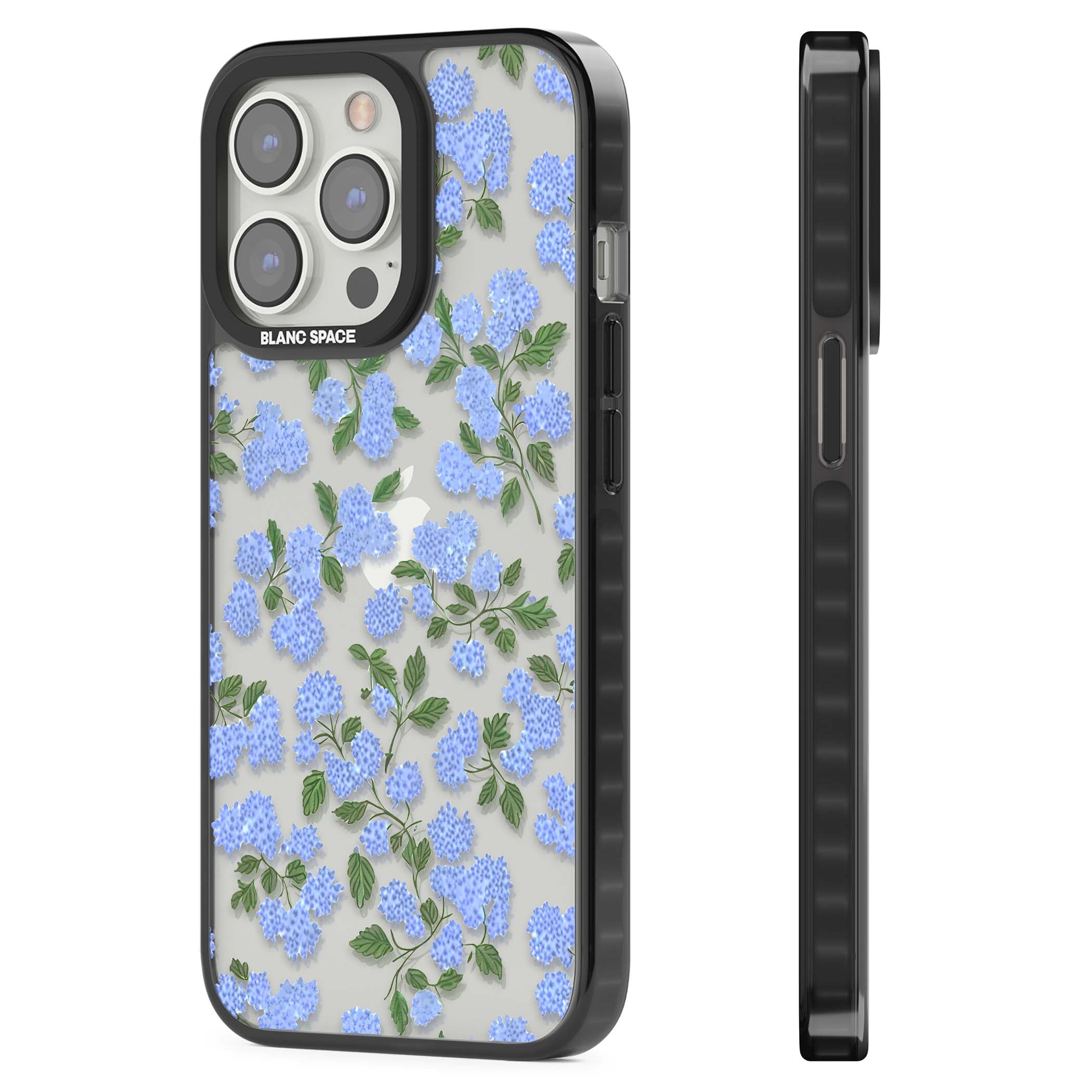 Hydrangea Dreams cottagecore iPhone case featuring soft blue hydrangea flower clusters and green leaves | Black Impact case for iPhone 13 Pro, iPhone 14 Pro, iPhone 15 Pro