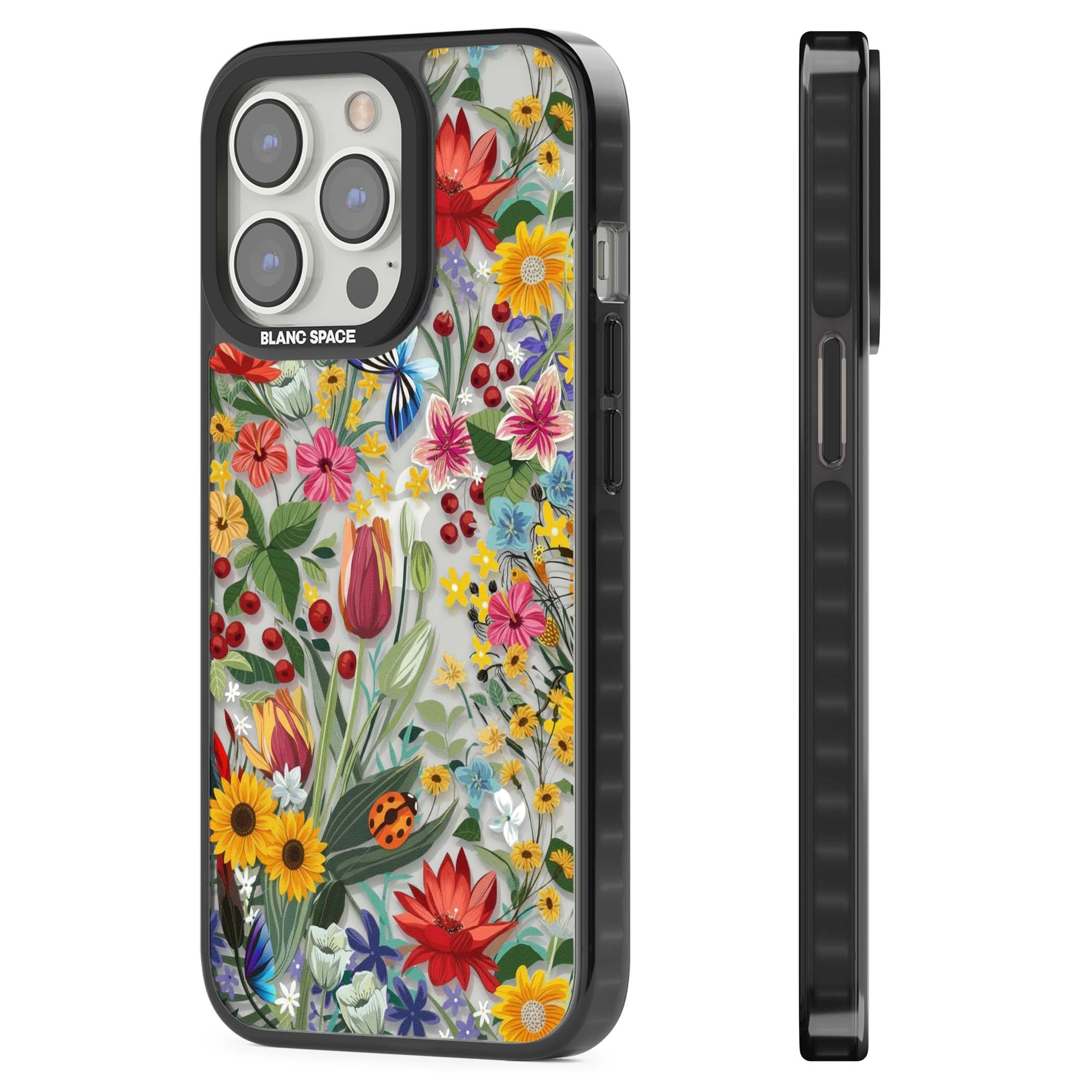 Botanical Bloom cottagecore iPhone case featuring colorful wildflowers, sunflowers, and ladybugs on clear background | Black Impact case for iPhone 13 Pro, iPhone 14 Pro, iPhone 15 Pro