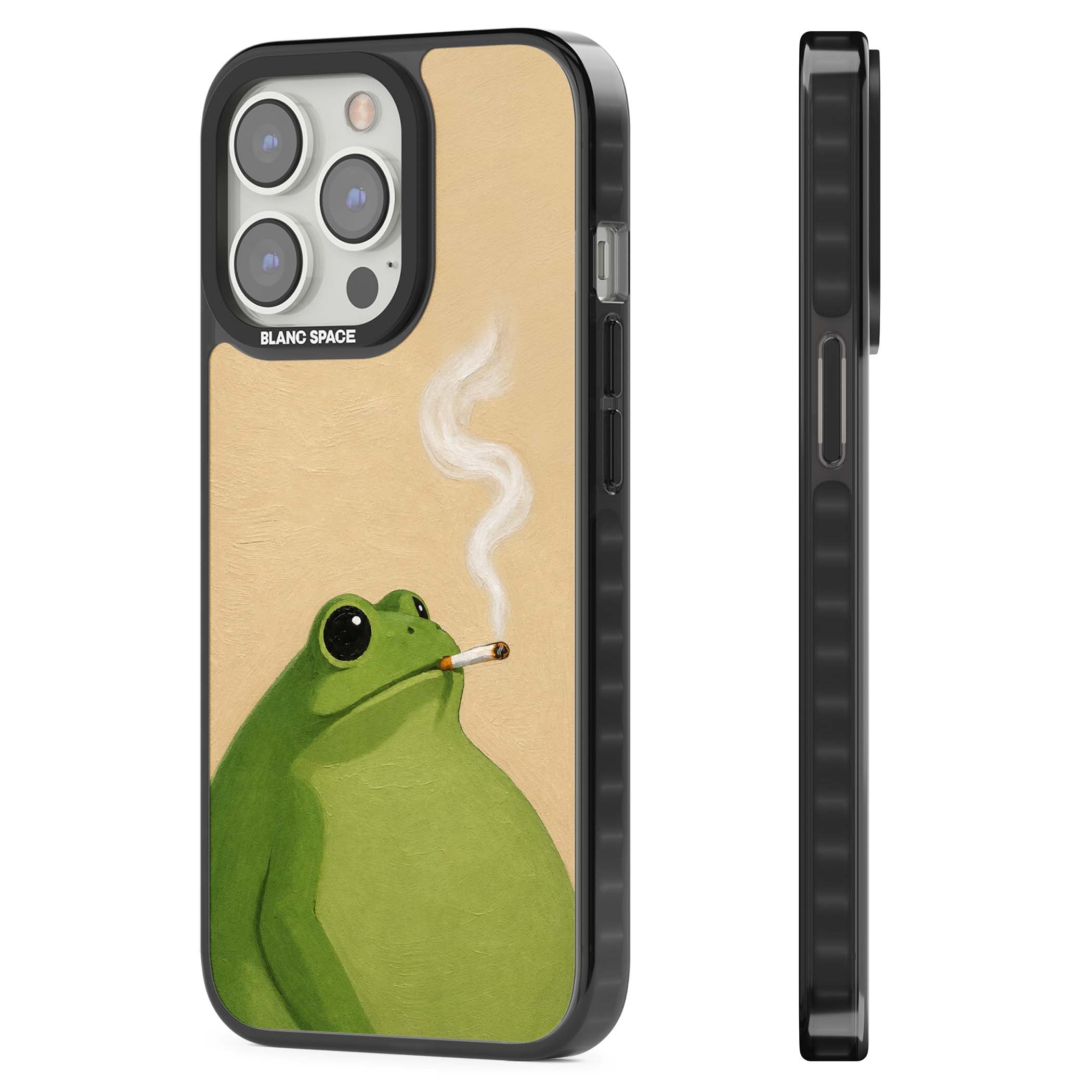 The Smoking Frog cottagecore iPhone case featuring a hand-painted green frog smoking a cigarette on a cream oil painting back | Black Impact case for iPhone 13 Pro, iPhone 14 Pro, iPhone 15 Pro