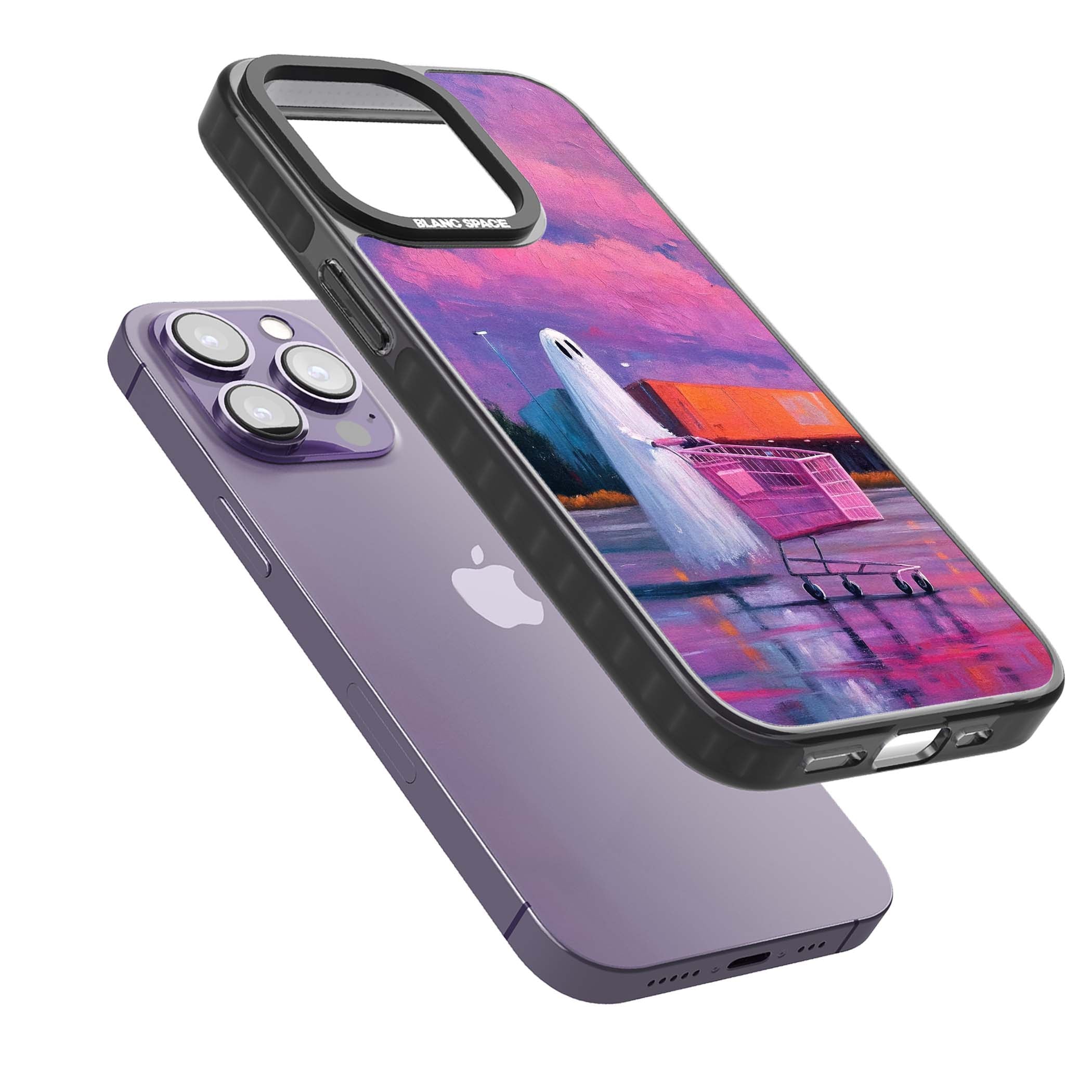 A Ghost's Errand ghost halloween iPhone case featuring a painted ghost, pink shopping trolley and purple sunset sky | Black Impact case for iPhone 13 Pro, iPhone 14 Pro, iPhone 15 Pro