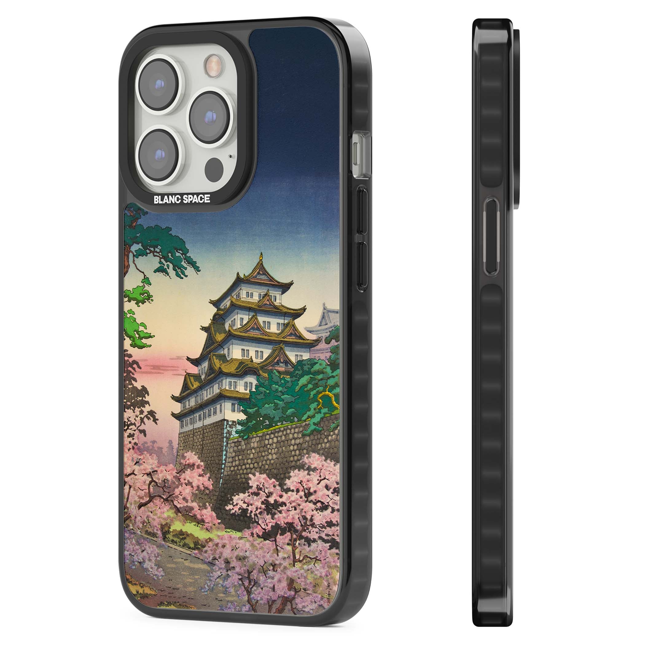 Nagoya Castle Japanese iPhone case featuring a vintage pagoda, twilight sky and cherry blossom trees | Black Impact case for iPhone 13 Pro, iPhone 14 Pro, iPhone 15 Pro