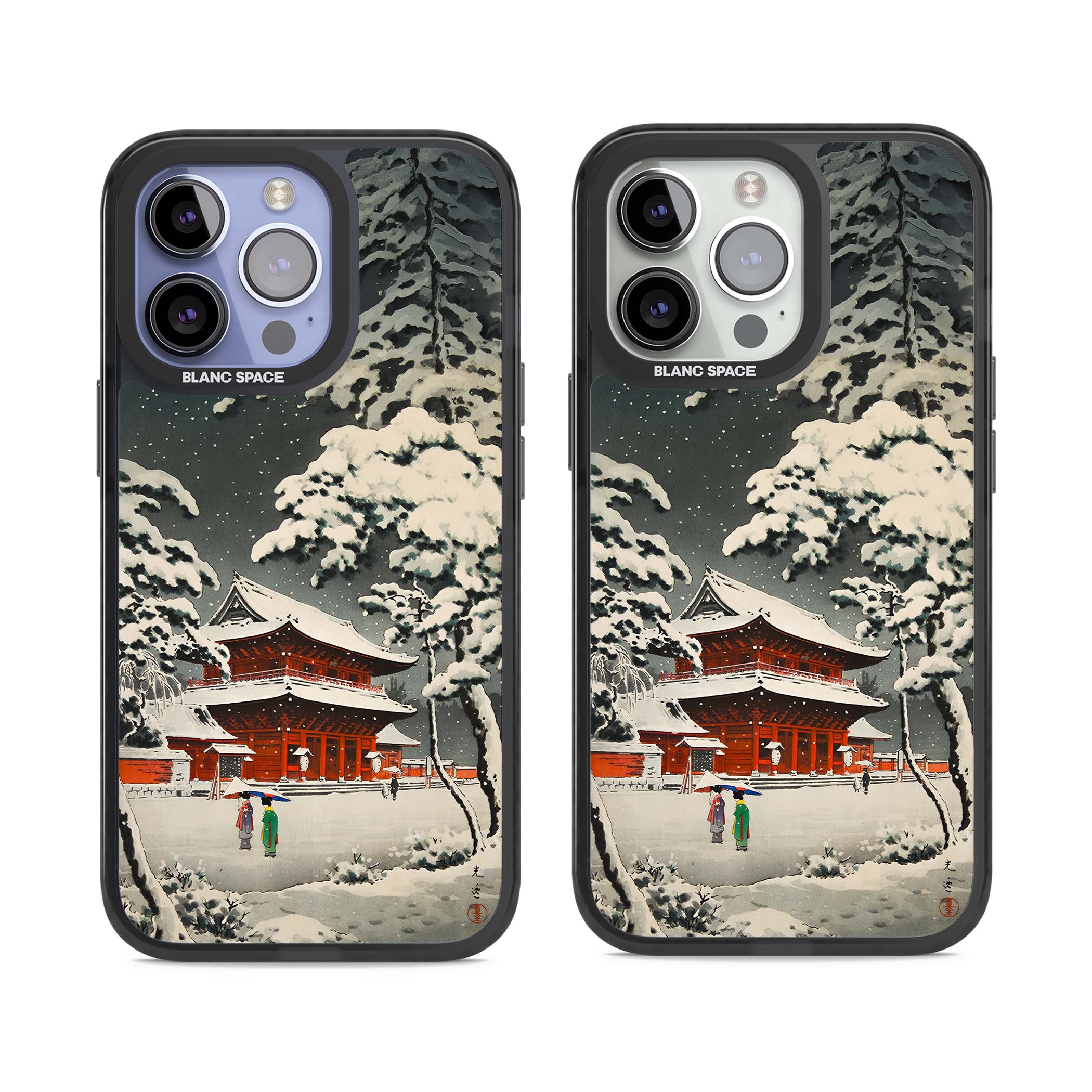 Snow at Shiha Park, Tokyo Japanese art iPhone case featuring a vintage ukiyo-e snowy temple, red pagoda, and snow-covered pin | Black Impact case for iPhone 13 Pro, iPhone 14 Pro, iPhone 15 Pro
