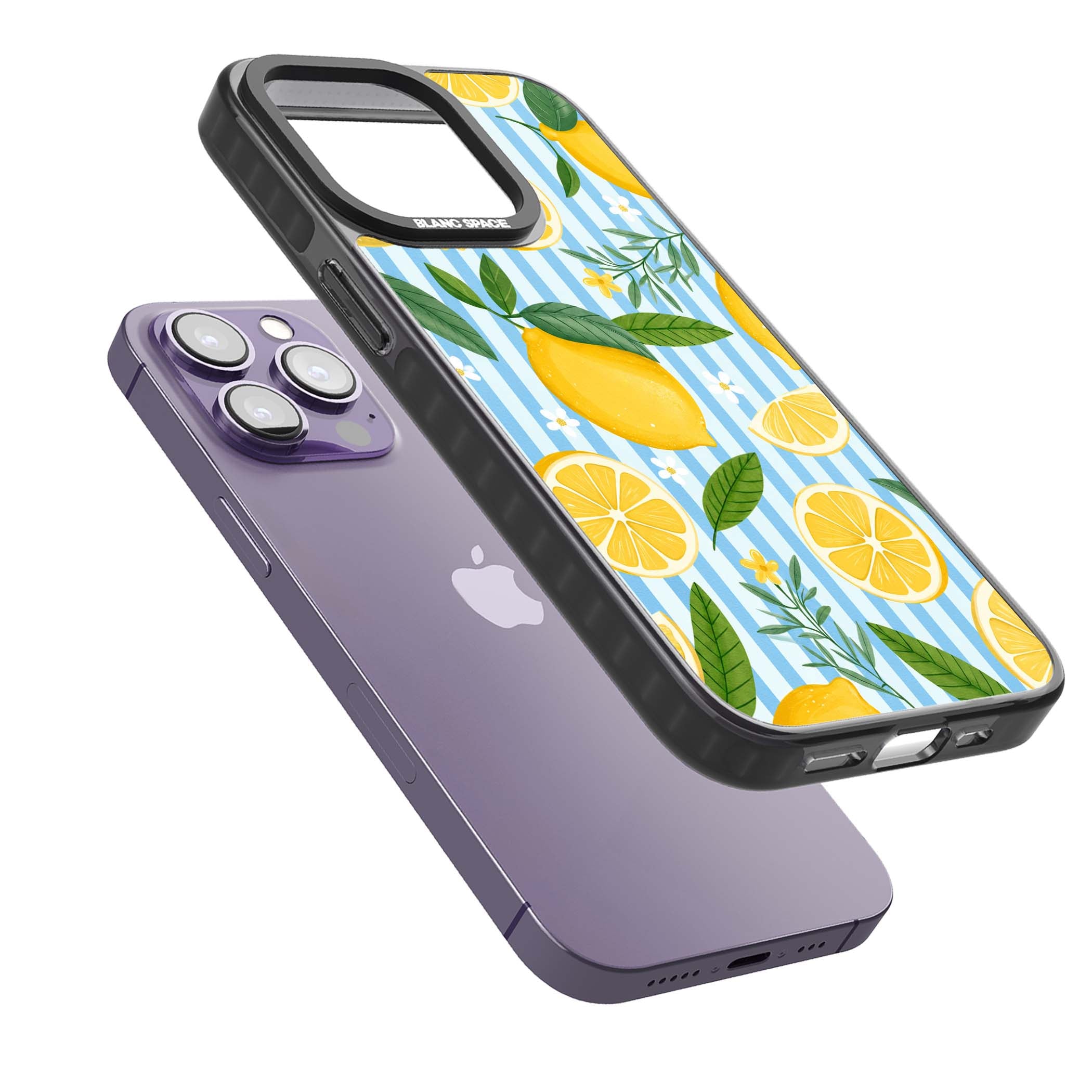 Capri Citrus Stripe coastal iPhone case featuring yellow lemons, blue stripes, and white daisy blossoms | Black Impact case for iPhone 13 Pro, iPhone 14 Pro, iPhone 15 Pro
