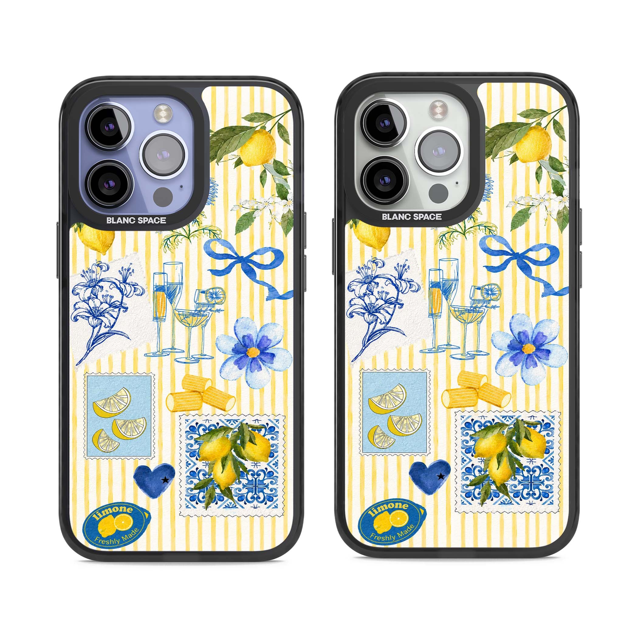 Limone Riviera Italian summer iPhone case featuring watercolour lemons, blue ribbon bows and majolica tile stamps on... | Black Impact case for iPhone 13 Pro, iPhone 14 Pro, iPhone 15 Pro