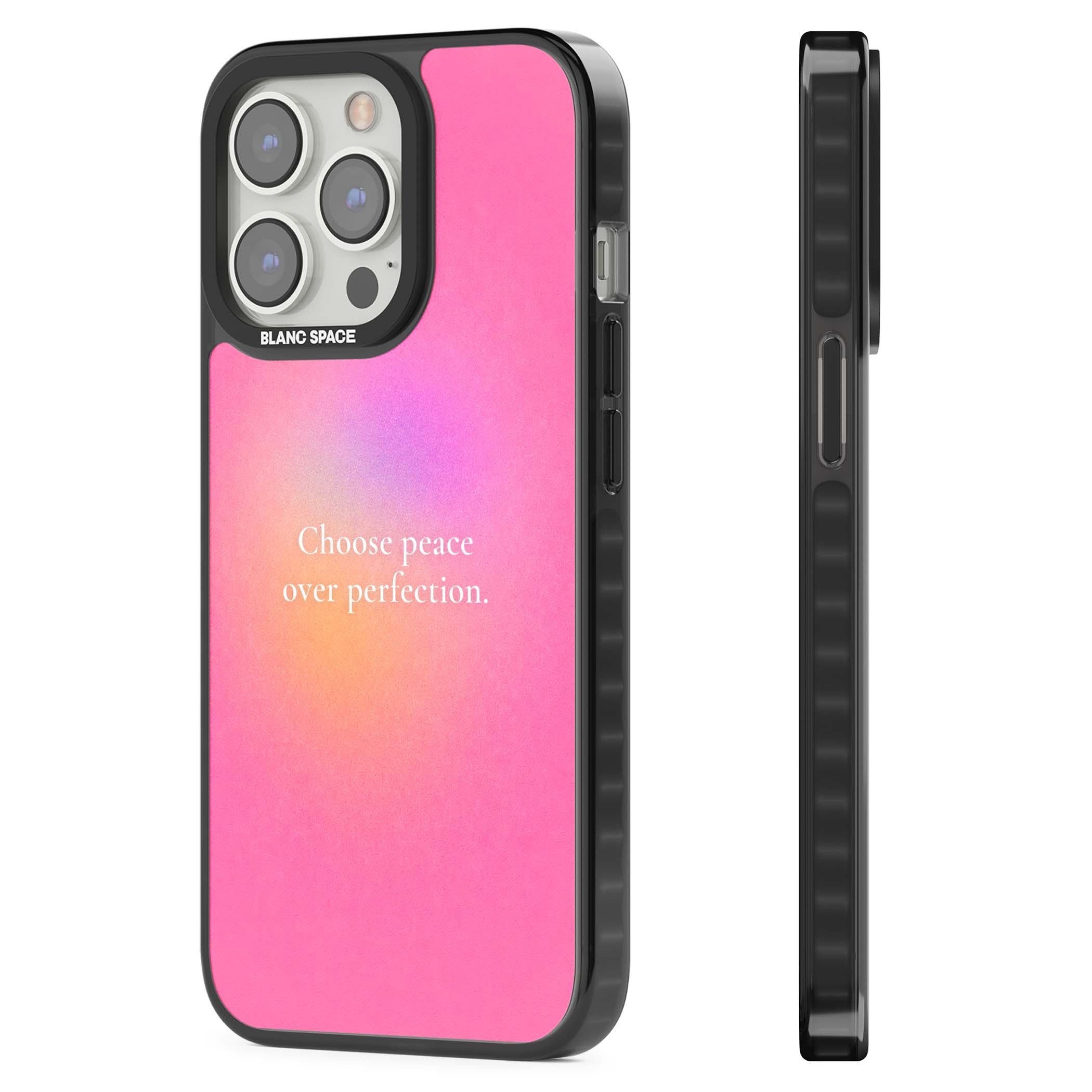 Peace Over Perfection quote iPhone case featuring a dreamy pink aura gradient and delicate white affirmation text | Black Impact Magsafe case for iPhone 13 Pro, iPhone 14 Pro, iPhone 15 Pro