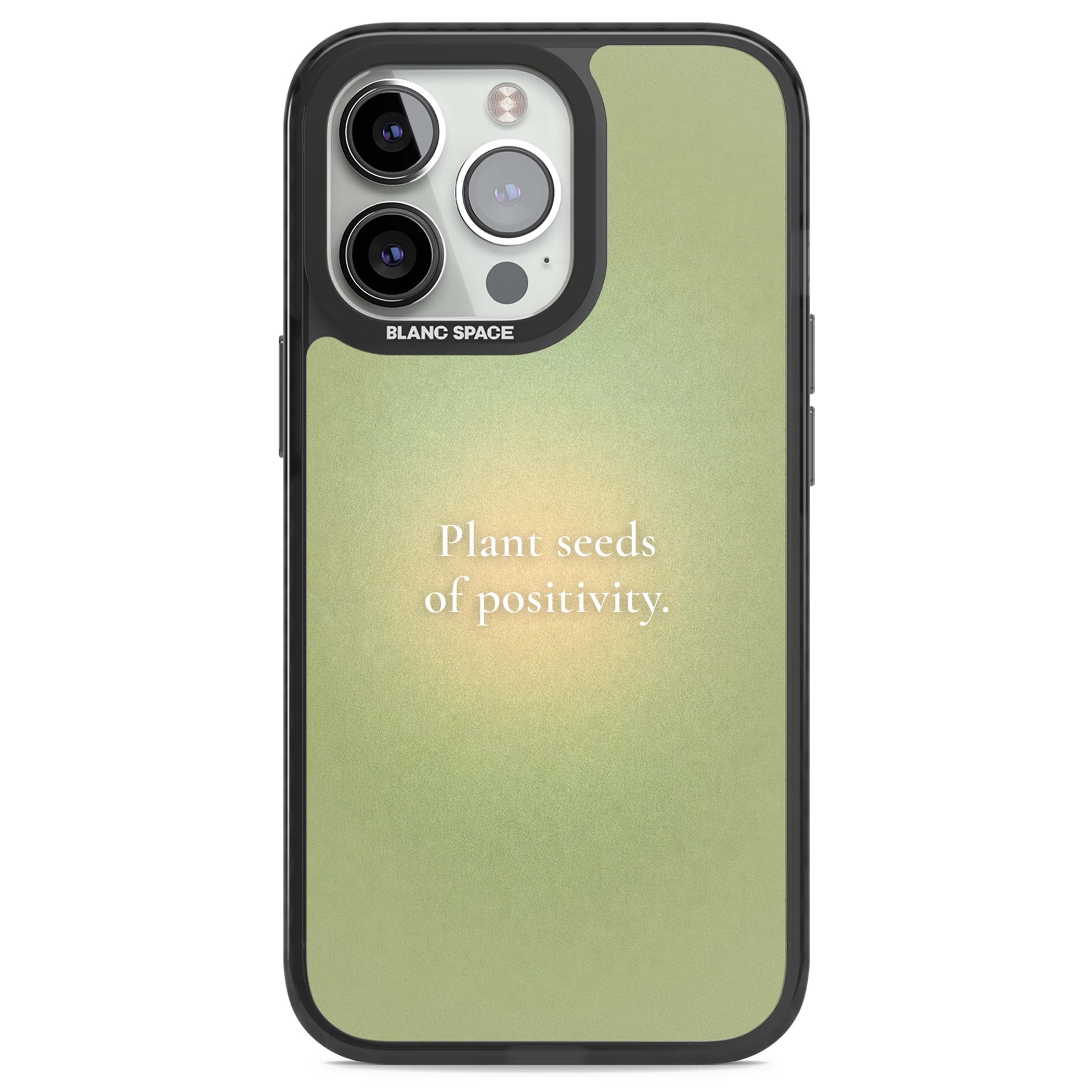 Seeds of Positivity quote iPhone case featuring a sage green aura gradient and golden glow affirmation | Black Impact Magsafe case for iPhone 13 Pro, iPhone 14 Pro, iPhone 15 Pro