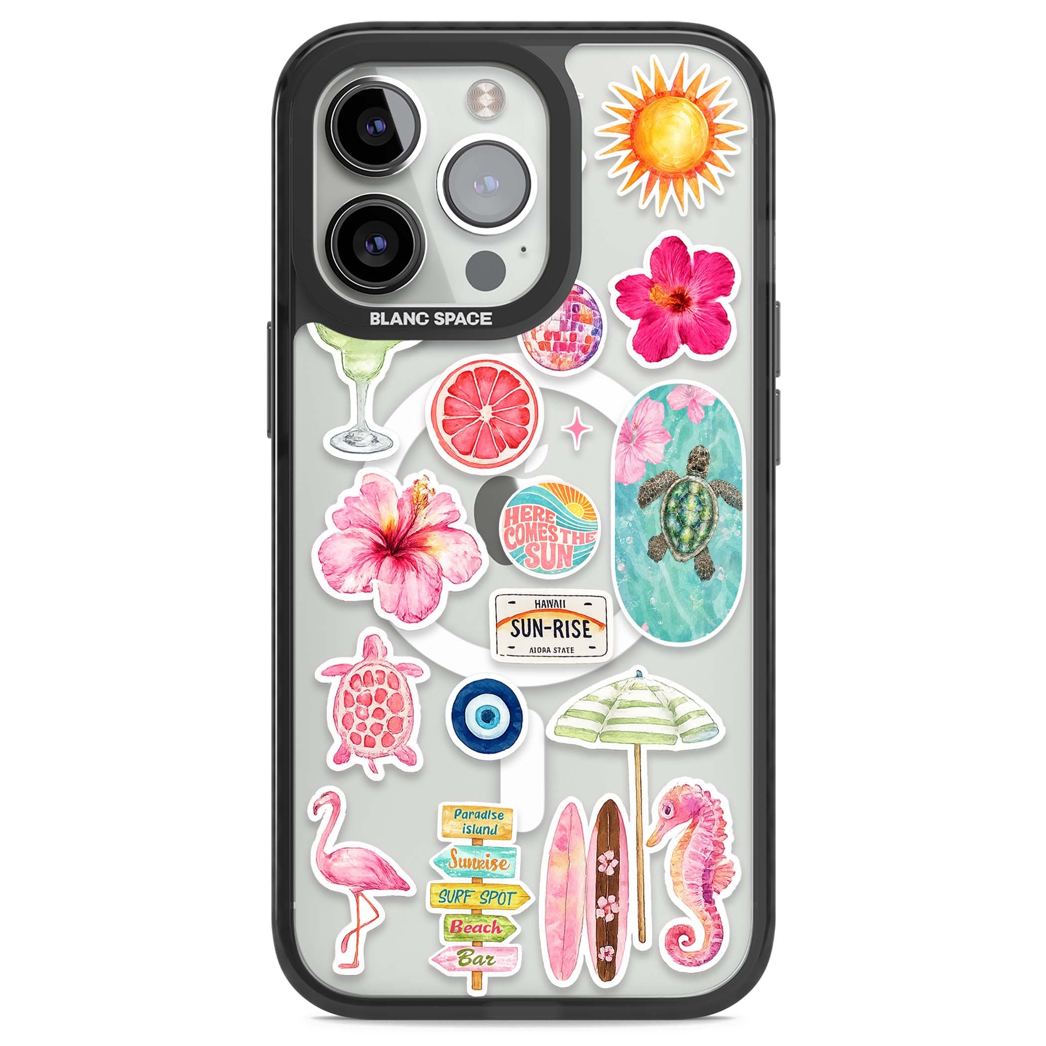 Aloha Sticker Mix tropical summer iPhone case featuring pink hibiscus, sea turtles, flamingo and beach umbrella stickers | Black Impact Magsafe case for iPhone 13 Pro, iPhone 14 Pro, iPhone 15 Pro