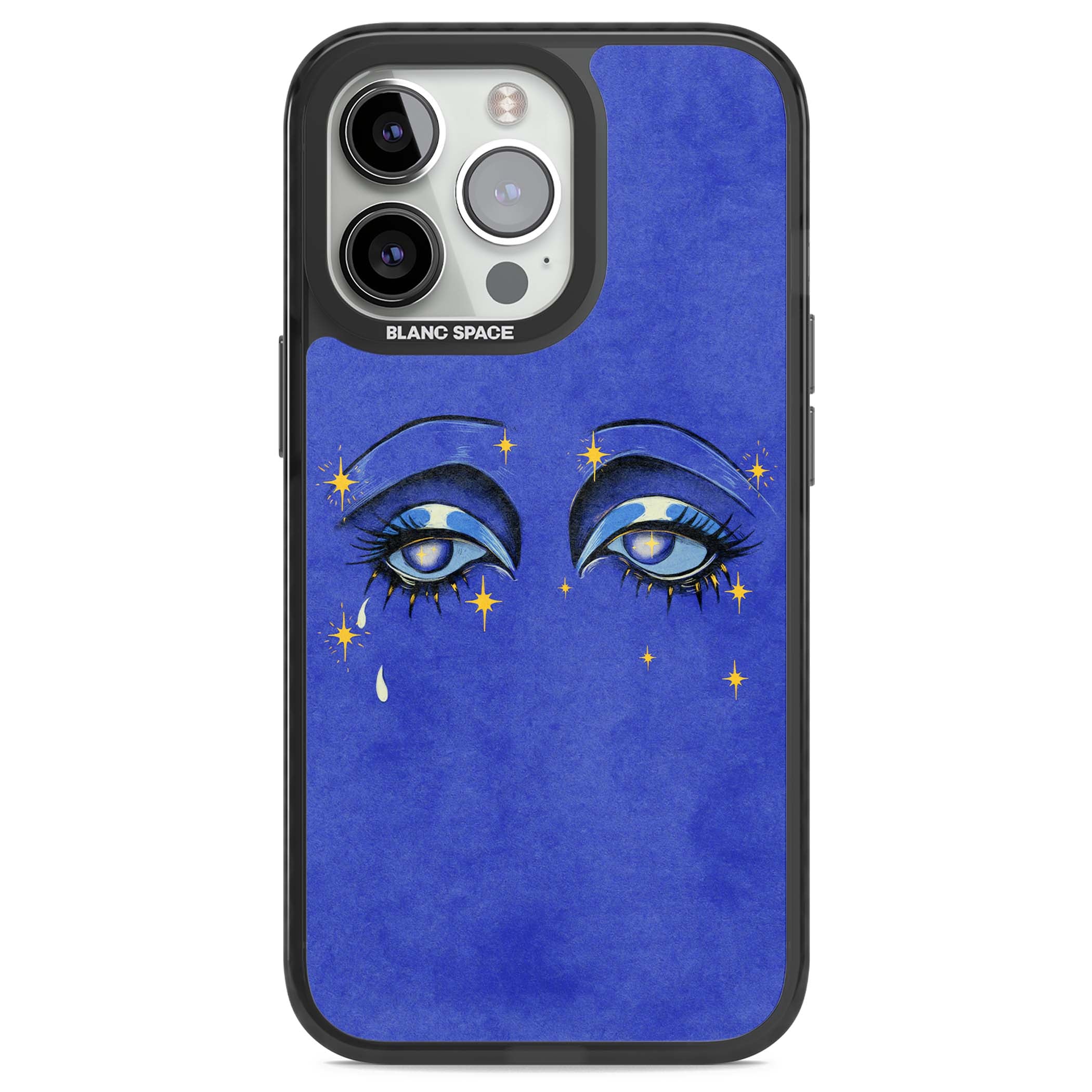 Blue Mystic Eyes celestial iPhone case featuring hand drawn blue mystical eyes, golden stars and a painted tear on indigo | Black Impact Magsafe case for iPhone 13 Pro, iPhone 14 Pro, iPhone 15 Pro
