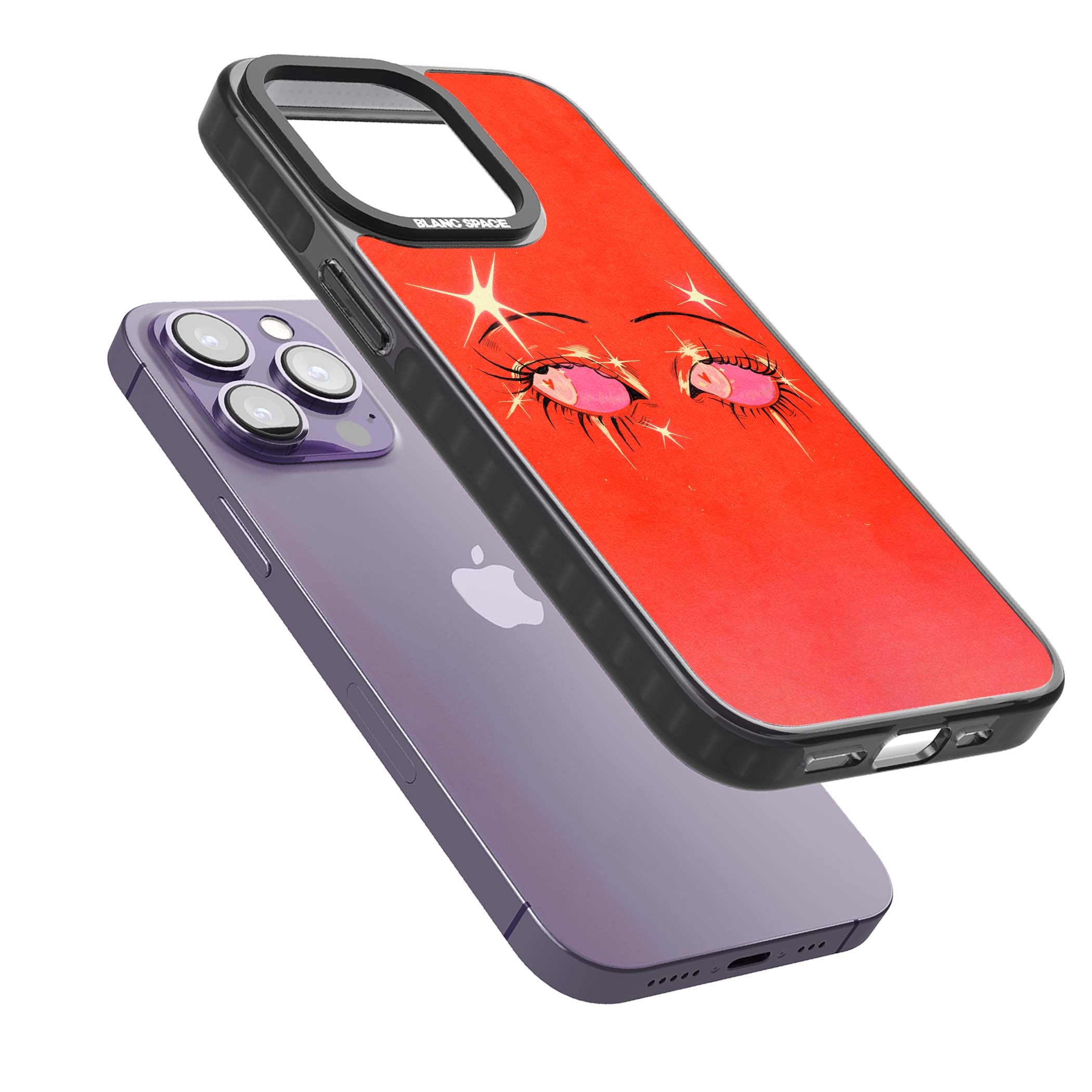 Pink Ethereal Eyes anime iPhone case featuring hand-drawn sparkly eyes with pink hearts and gold stars on red | Black Impact Magsafe case for iPhone 13 Pro, iPhone 14 Pro, iPhone 15 Pro