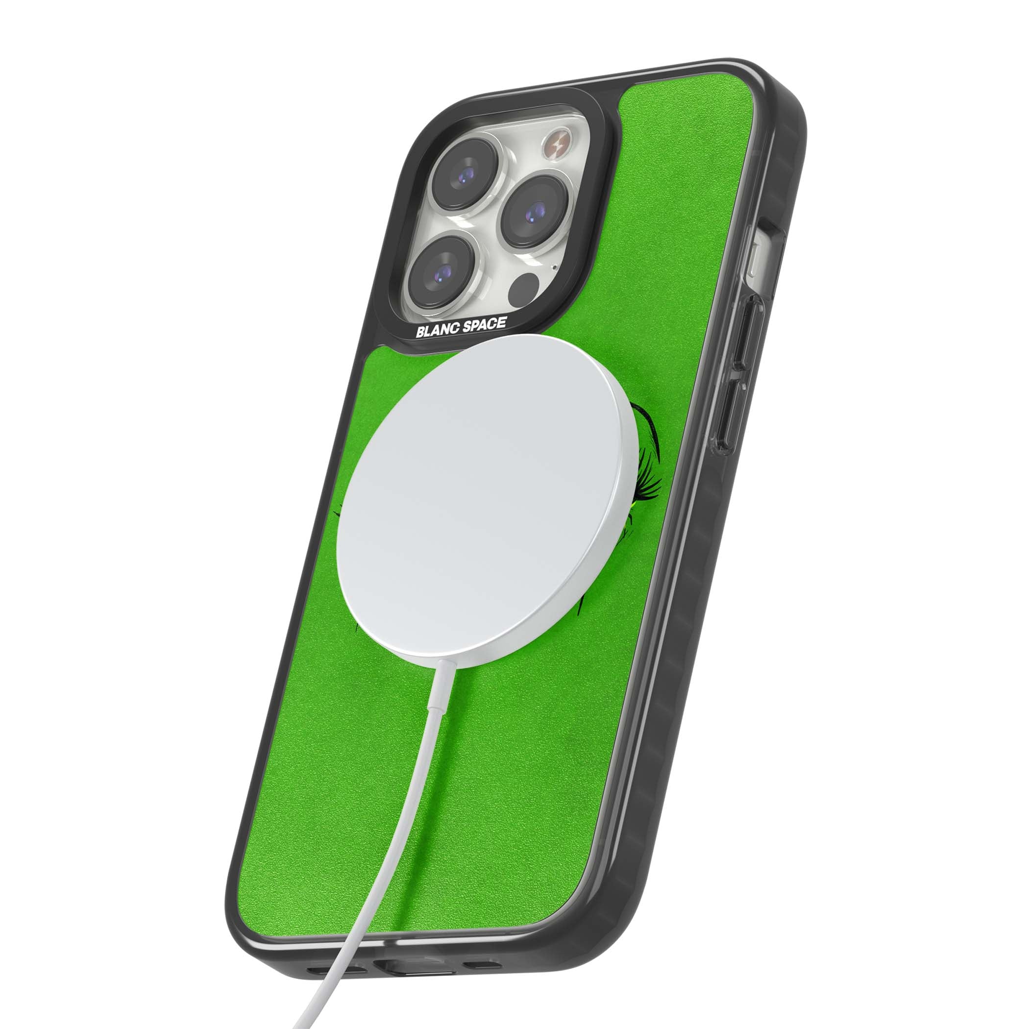 Green Enchanted Eyes psychedelic art iPhone case featuring hand-drawn dripping eyes on neon green background | Black Impact Magsafe case for iPhone 13 Pro, iPhone 14 Pro, iPhone 15 Pro