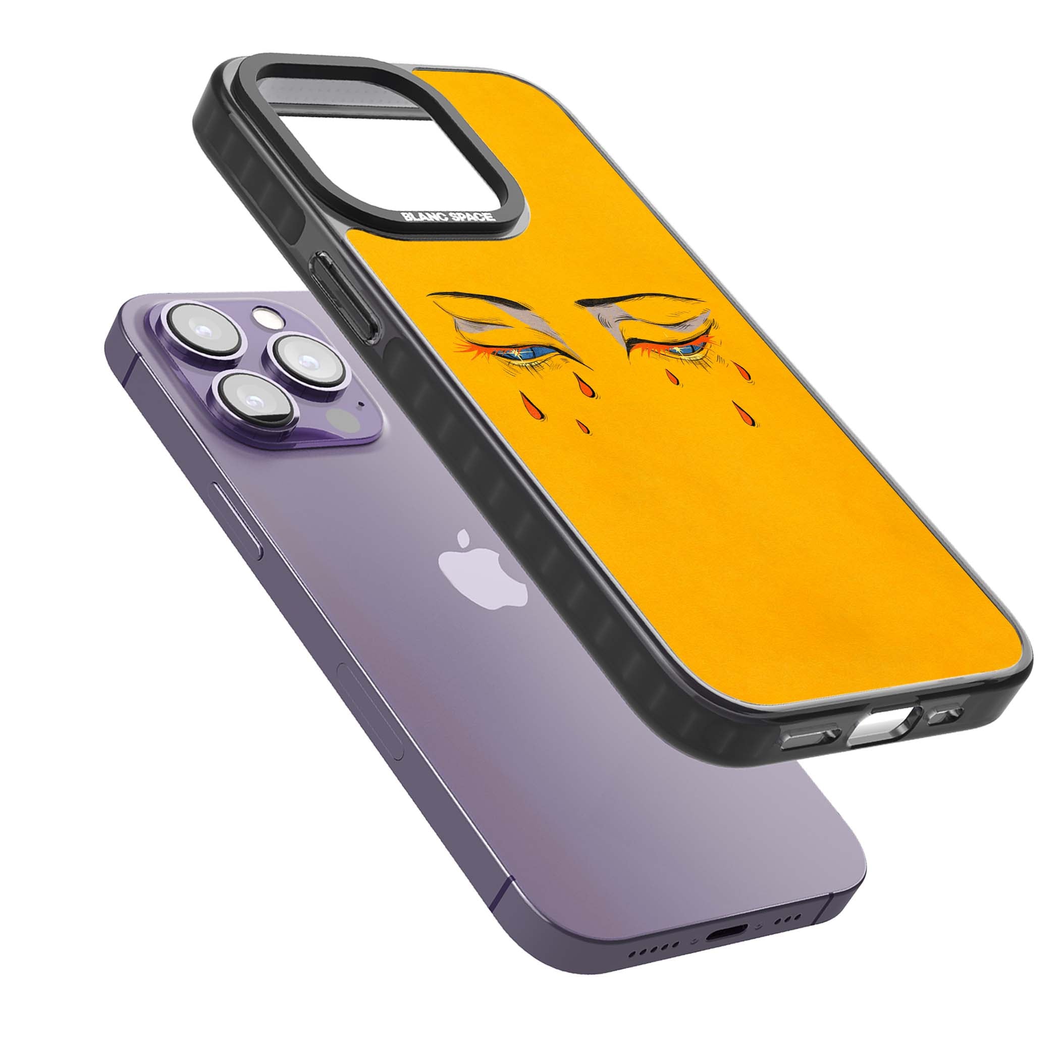 Yellow Tearful Eyes indie iPhone case featuring hand-drawn crying eyes with orange tears on a yellow background | Black Impact Magsafe case for iPhone 13 Pro, iPhone 14 Pro, iPhone 15 Pro