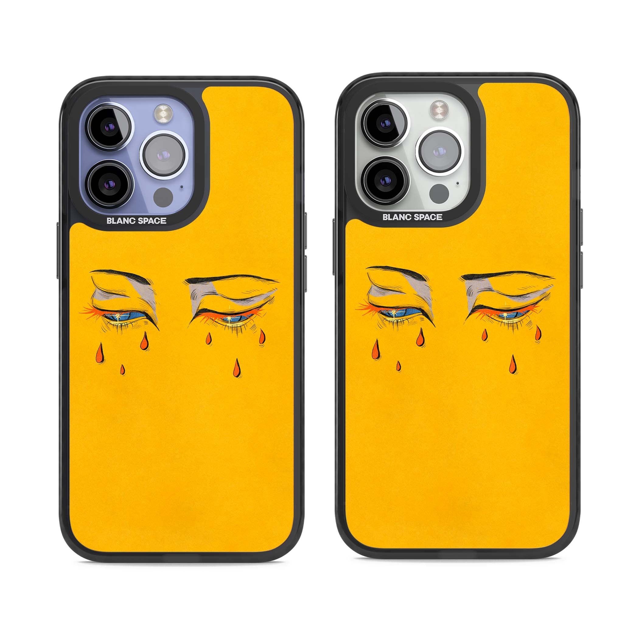 Yellow Tearful Eyes indie iPhone case featuring hand-drawn crying eyes with orange tears on a yellow background | Black Impact Magsafe case for iPhone 13 Pro, iPhone 14 Pro, iPhone 15 Pro