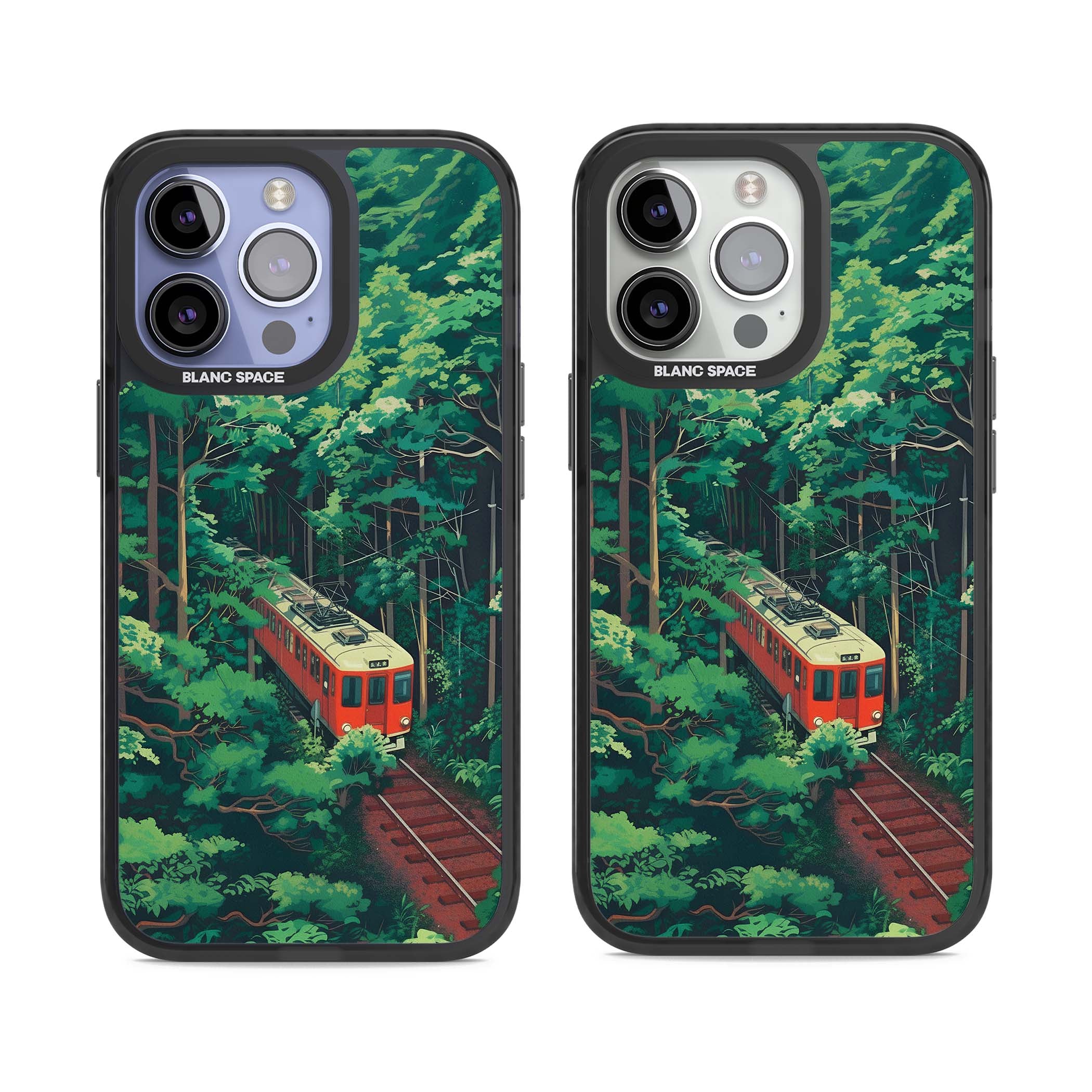 Railway In Toyama Japanese iPhone case featuring a red train, cedar forest and winding mountain railway tracks | Black Impact Magsafe case for iPhone 13 Pro, iPhone 14 Pro, iPhone 15 Pro