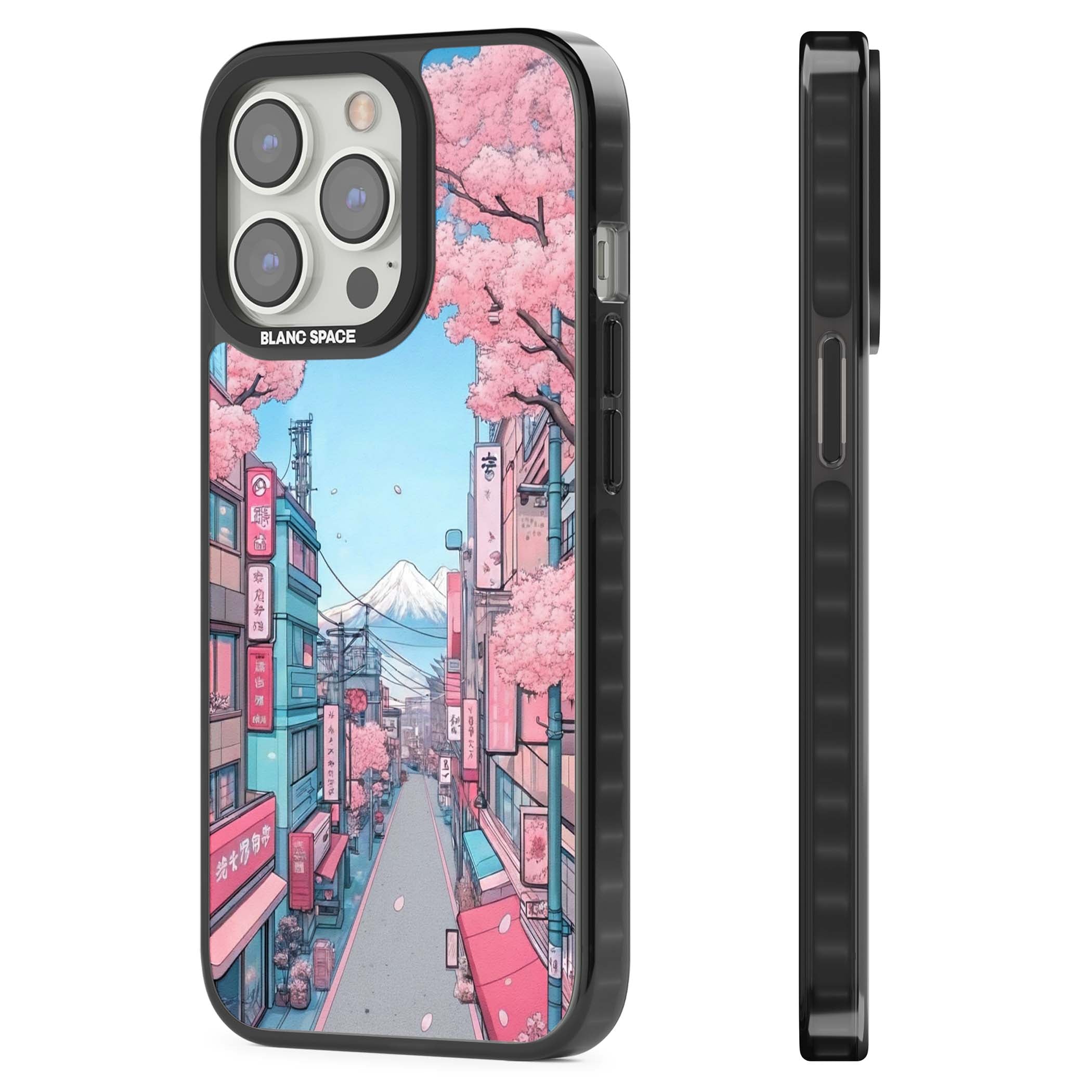 Sakura Lane anime iPhone case featuring Tokyo street scene with cherry blossoms and Mount Fuji | Black Impact Magsafe case for iPhone 13 Pro, iPhone 14 Pro, iPhone 15 Pro