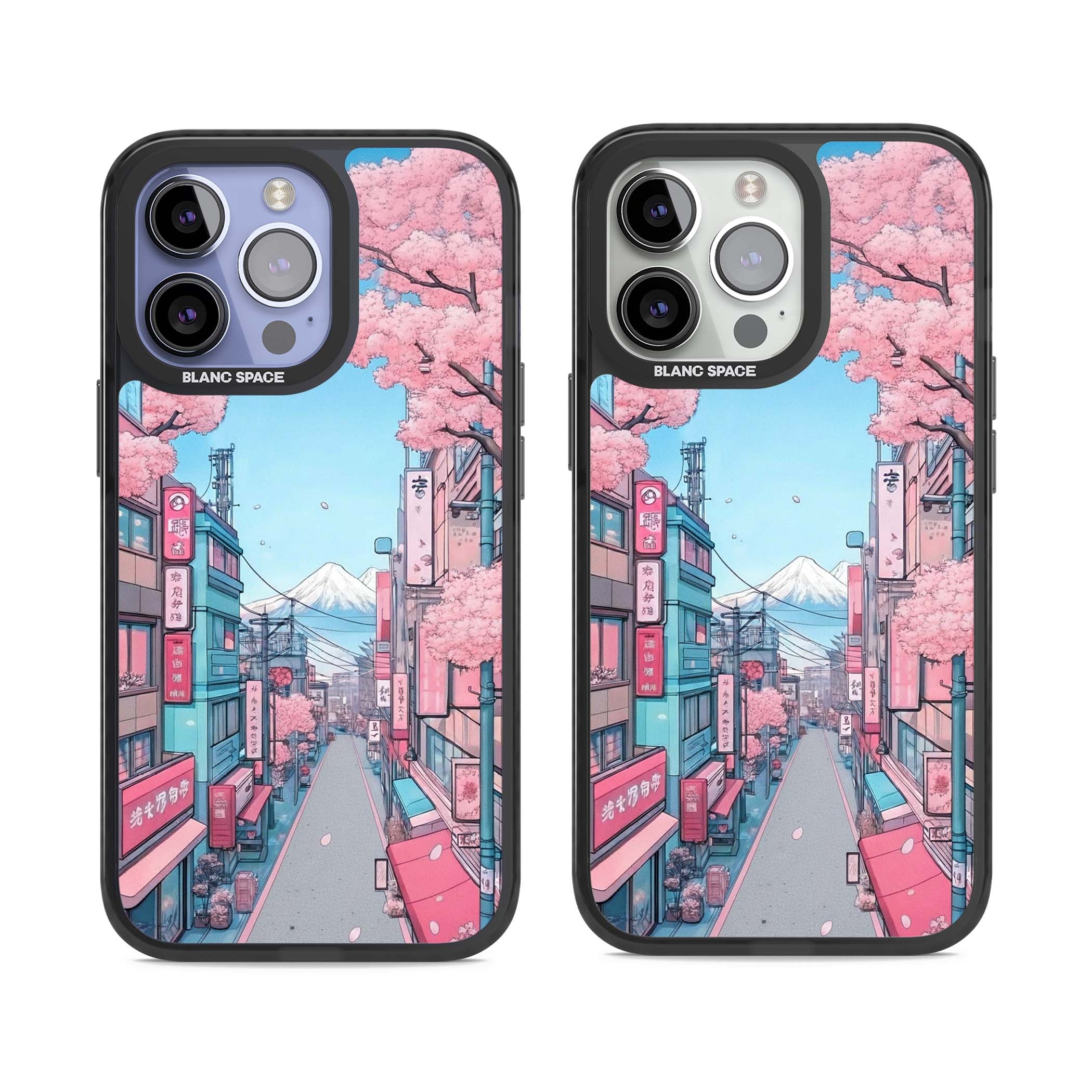 Sakura Lane anime iPhone case featuring Tokyo street scene with cherry blossoms and Mount Fuji | Black Impact Magsafe case for iPhone 13 Pro, iPhone 14 Pro, iPhone 15 Pro