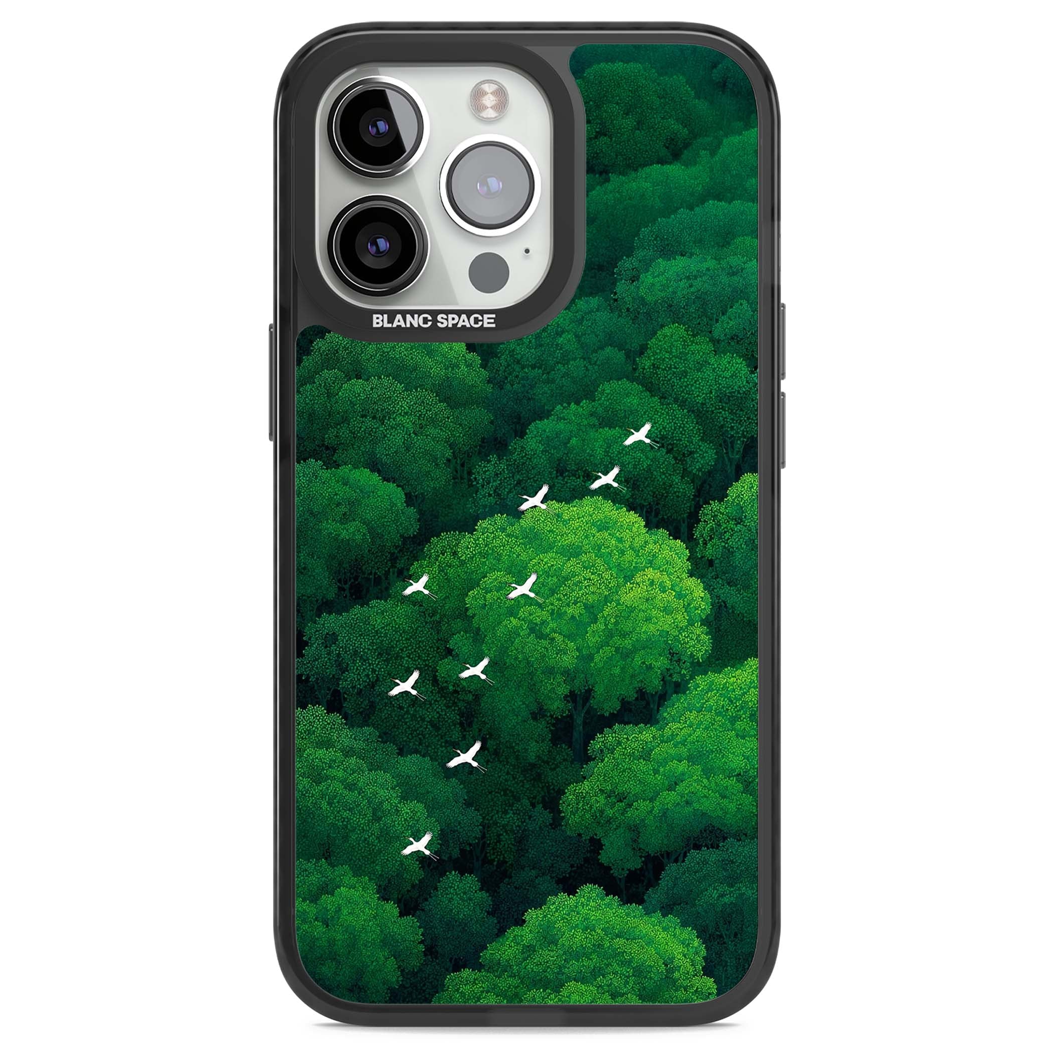 Grove Migration forest iPhone case featuring white cranes flying over lush green treetop canopy | Black Impact Magsafe case for iPhone 13 Pro, iPhone 14 Pro, iPhone 15 Pro