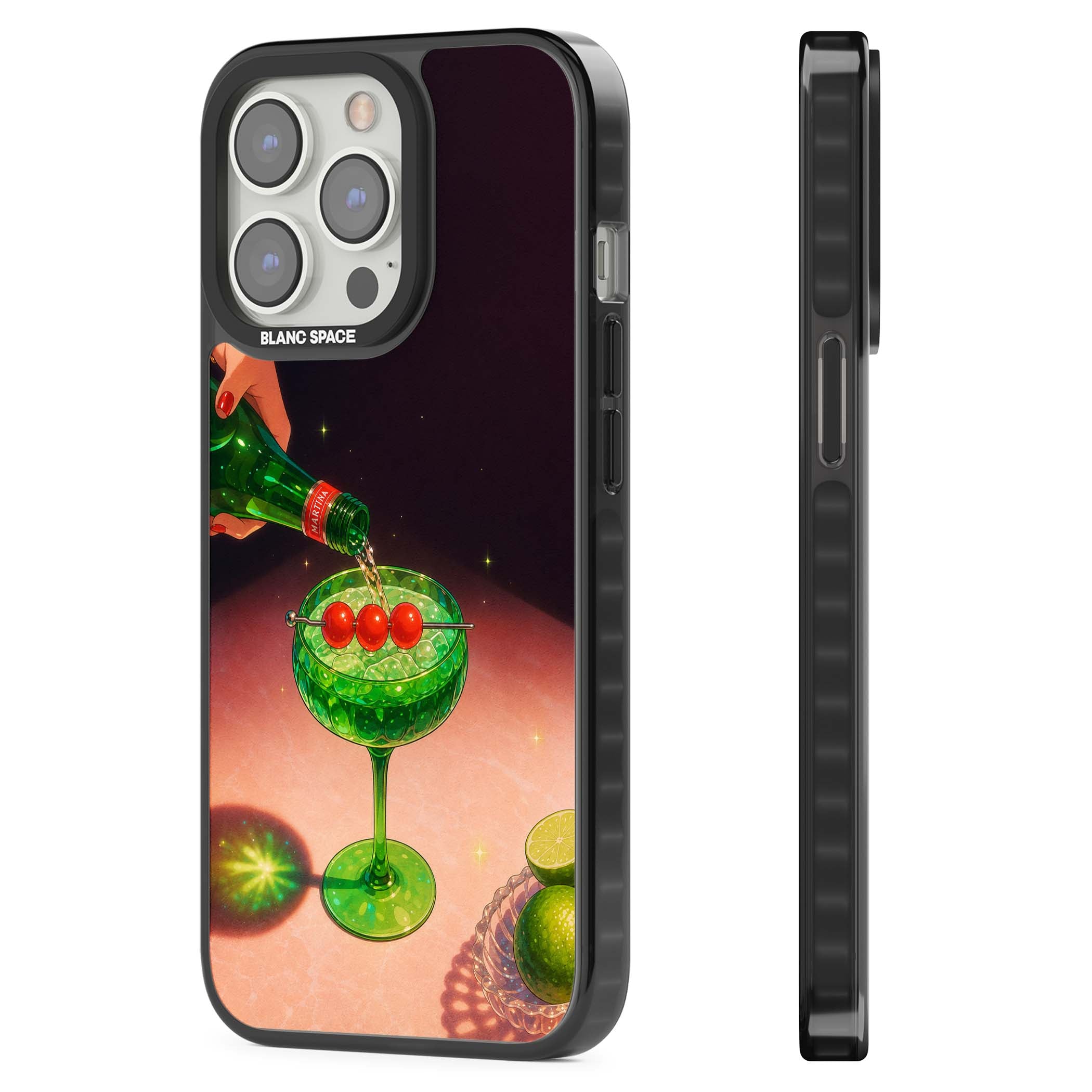 Absinthe Hour cocktail iPhone case featuring a green coupe glass, cherry garnish and vintage bottle pour illustration | Black Impact Magsafe case for iPhone 13 Pro, iPhone 14 Pro, iPhone 15 Pro
