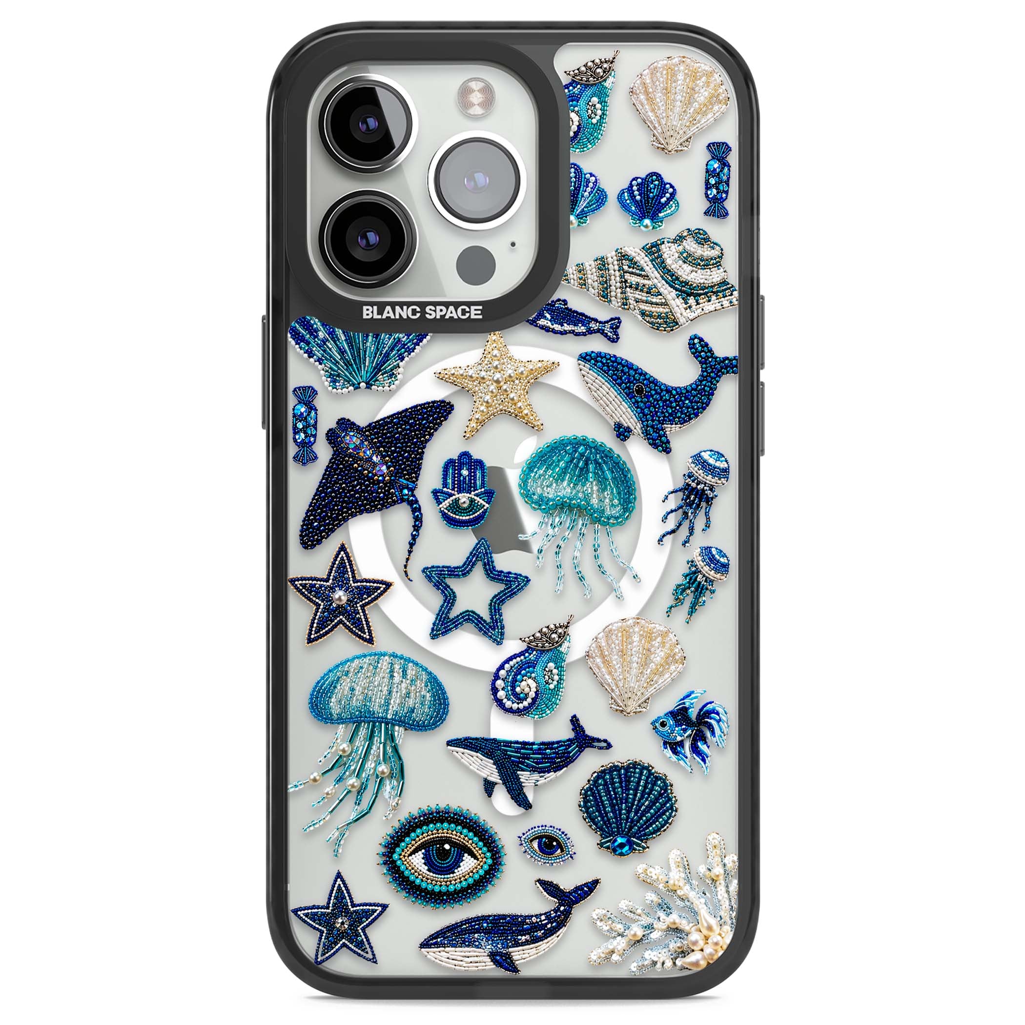Beaded Coastal coastal iPhone case featuring embroidered seashells, jellyfish and a blue whale on clear | Black Impact Magsafe case for iPhone 13 Pro, iPhone 14 Pro, iPhone 15 Pro