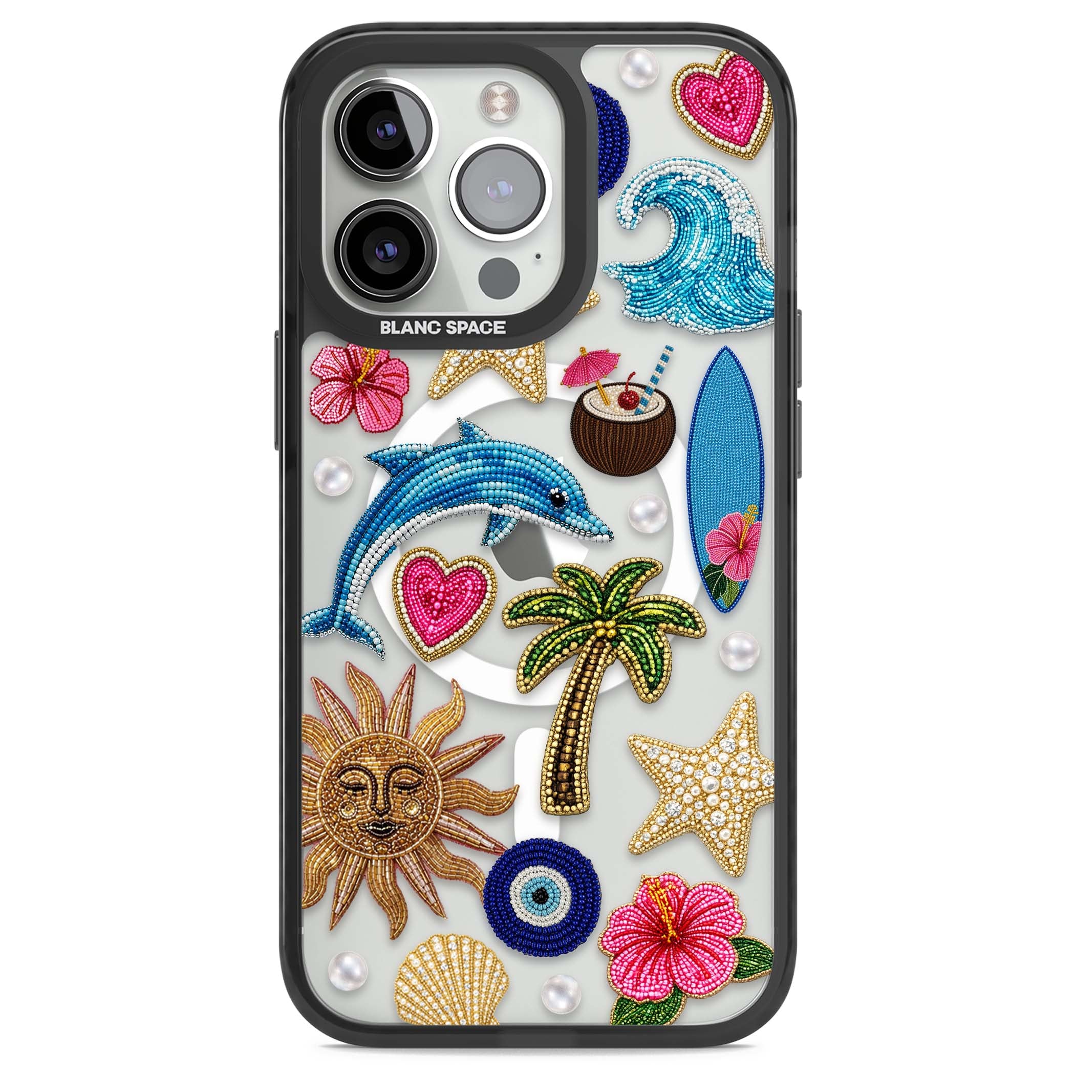 Beaded Beach coastal summer iPhone case featuring embroidered evil eye, hibiscus flowers, dolphin and palm tree patches | Black Impact Magsafe case for iPhone 13 Pro, iPhone 14 Pro, iPhone 15 Pro