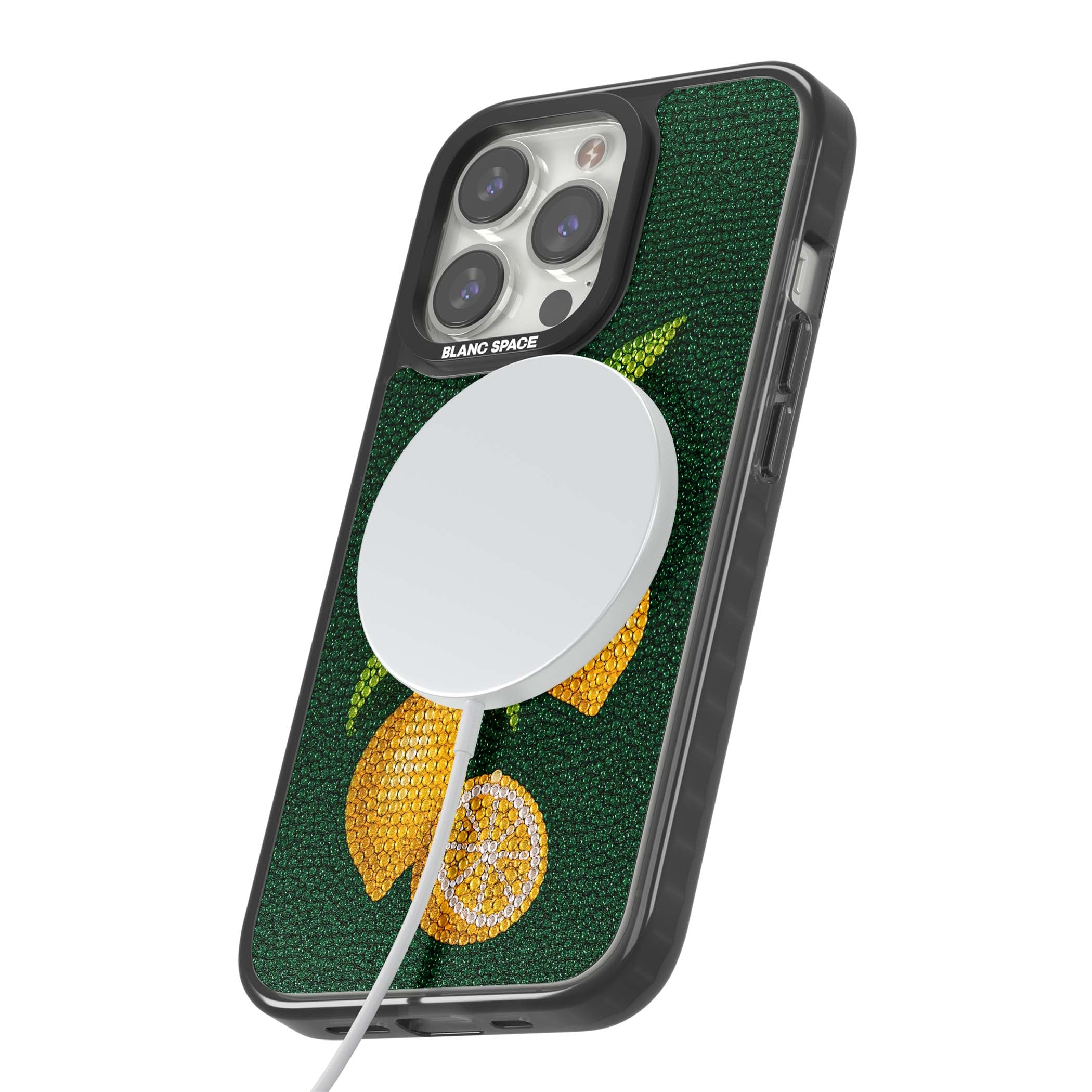 Beaded Lemons coastal iPhone case featuring crystal-beaded lemons, citrus blossom and green leaves on emerald ground | Black Impact Magsafe case for iPhone 13 Pro, iPhone 14 Pro, iPhone 15 Pro
