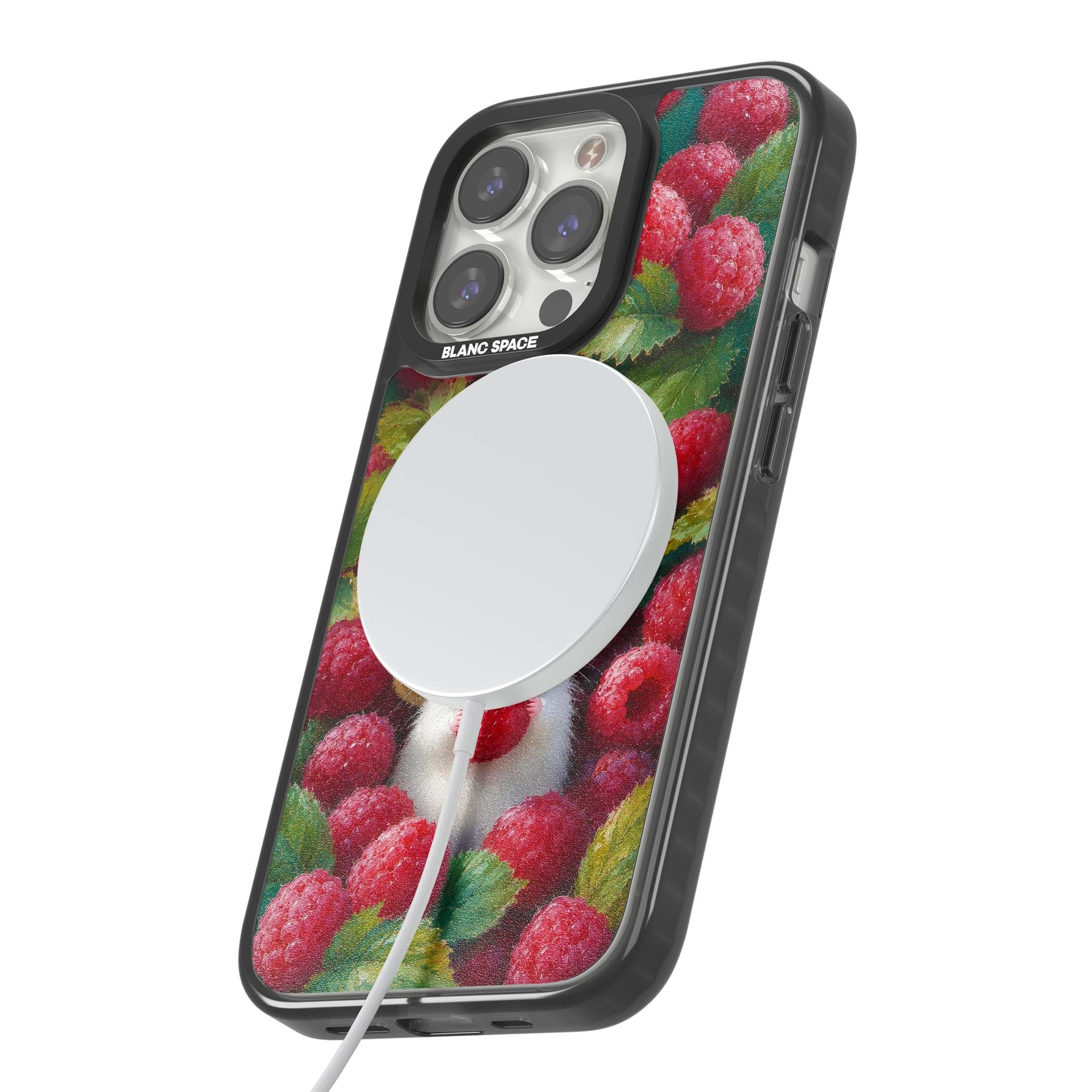 Berry Forager cottagecore iPhone case featuring a white hamster in a straw hat holding a raspberry surrounded by ripe ber | Black Impact Magsafe case for iPhone 13 Pro, iPhone 14 Pro, iPhone 15 Pro