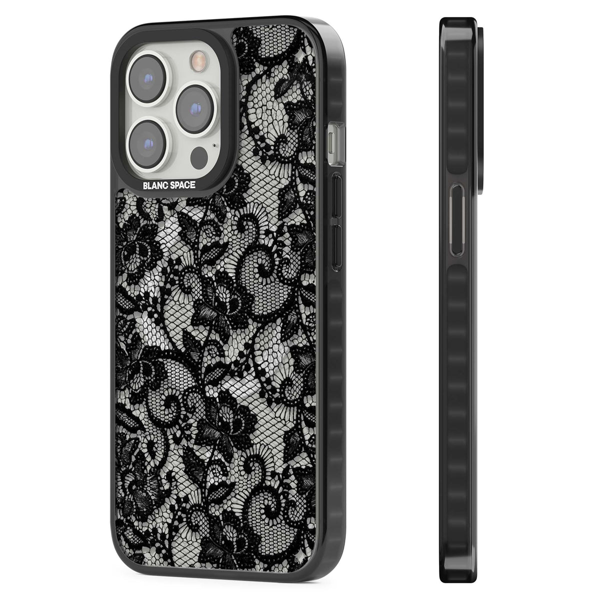 Black Lace gothic iPhone case featuring intricate black floral lace pattern with vintage whimsigoth detail | Black Impact Magsafe case for iPhone 13 Pro, iPhone 14 Pro, iPhone 15 Pro