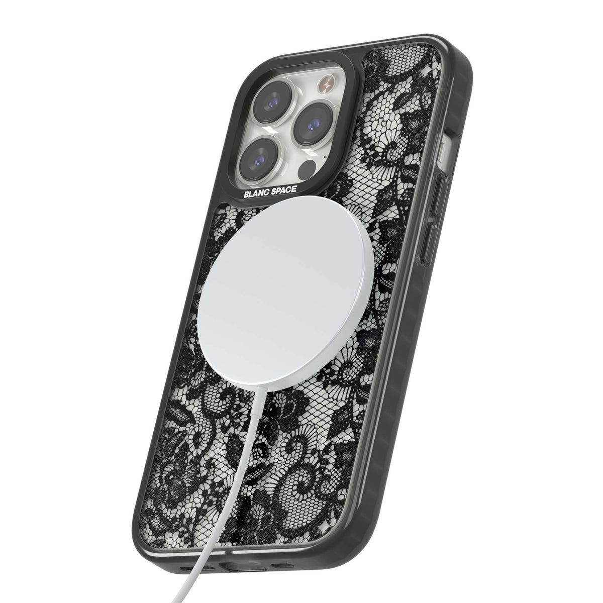 Black Lace gothic iPhone case featuring intricate black floral lace pattern with vintage whimsigoth detail | Black Impact Magsafe case for iPhone 13 Pro, iPhone 14 Pro, iPhone 15 Pro