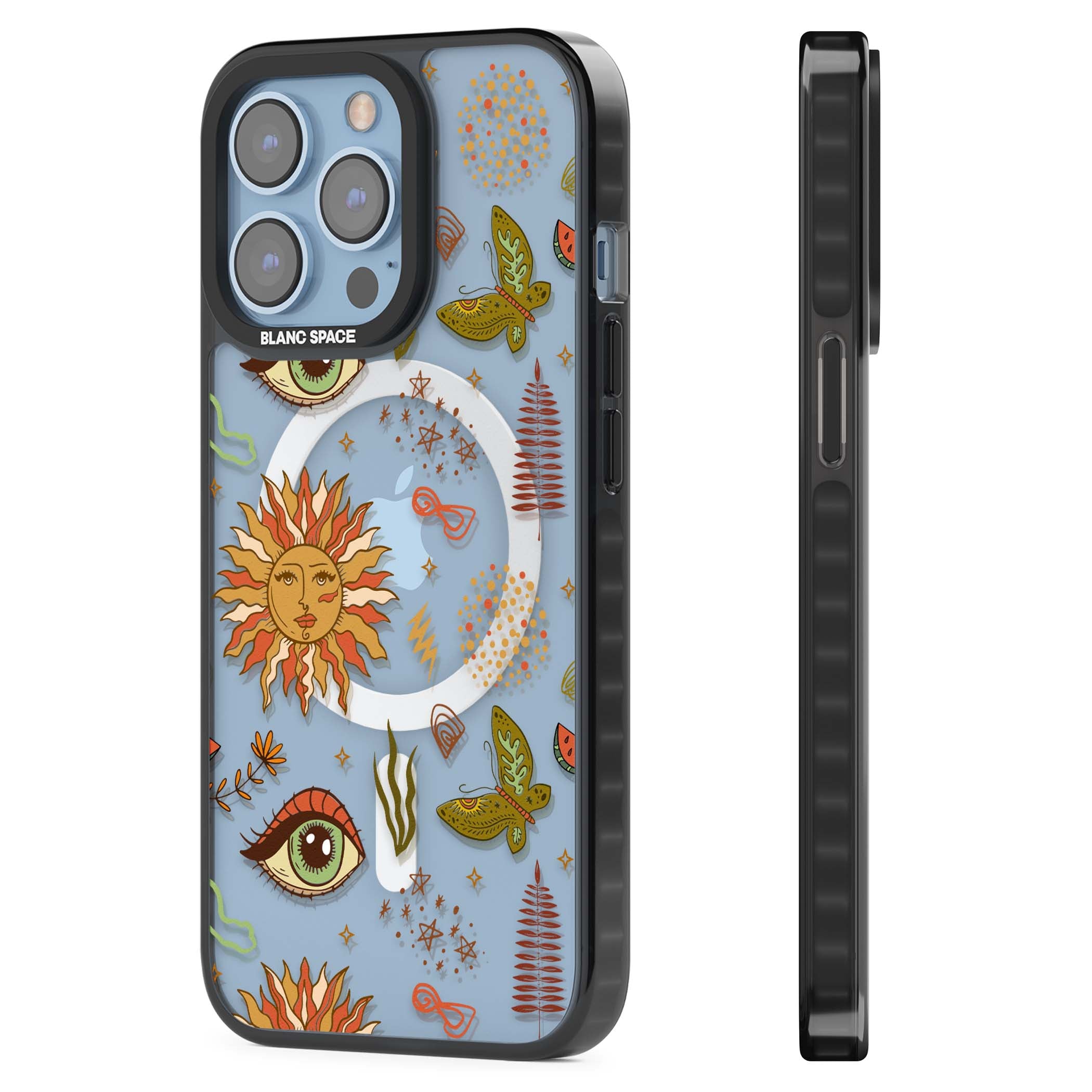 Elevate Your Phone'S Style With This Boho Celestial Sun & Eye Phone Case, Featuring A Mystical Blend Of Suns, All-Seeing Eyes, Butterflies, Stars, And
