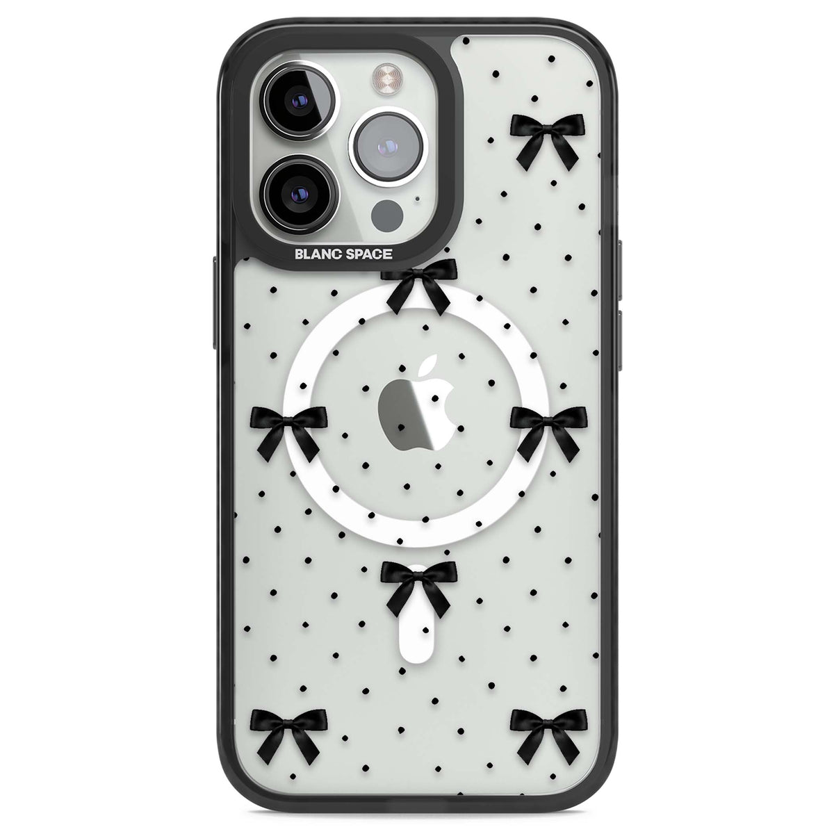Black Polka Bows coquette iPhone case featuring scattered black satin bows and tiny polka dots on a clear base | Black Impact Magsafe case for iPhone 13 Pro, iPhone 14 Pro, iPhone 15 Pro